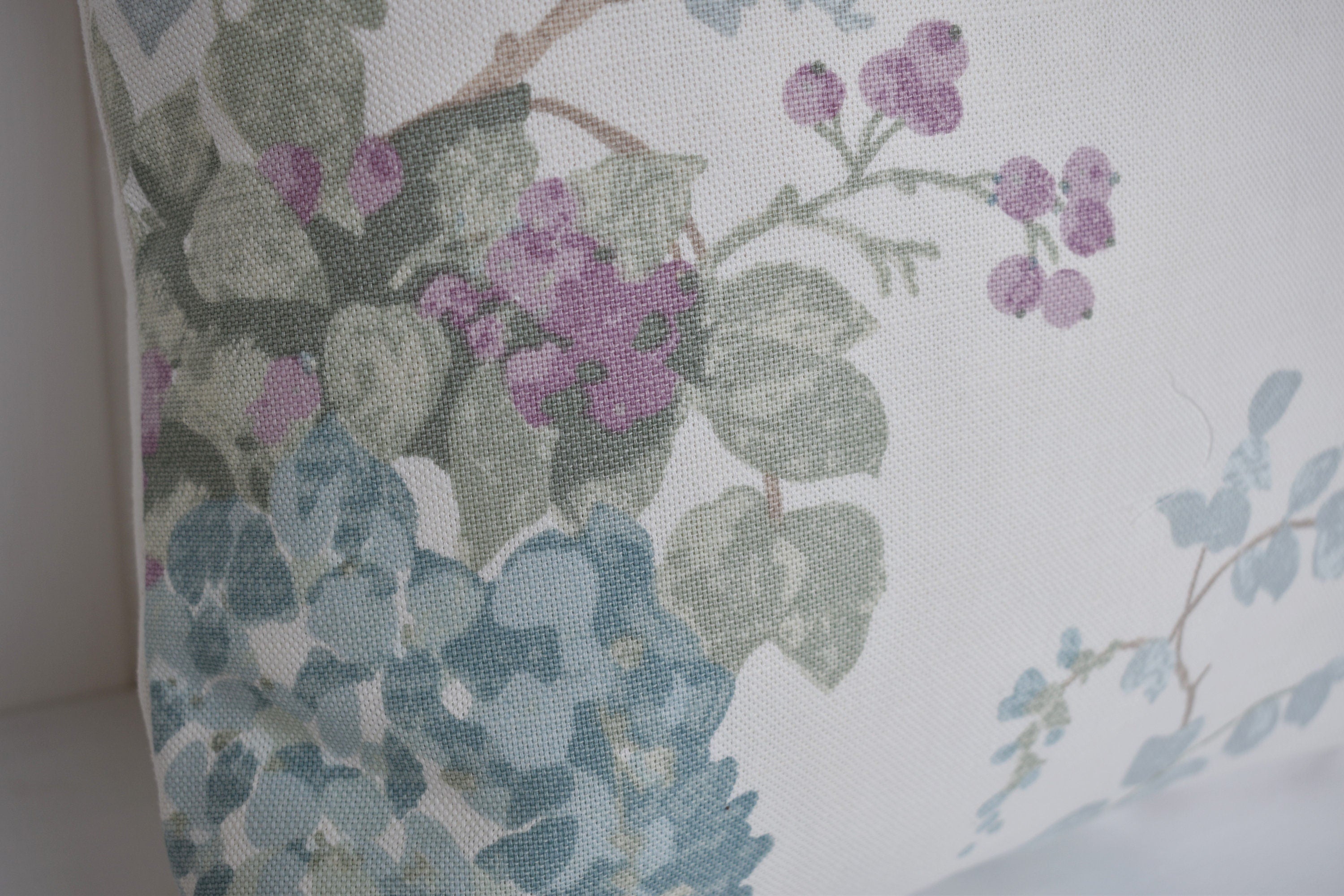 Laura Ashley Duck Egg Wisteria Cushion, backed with Laura Ashley Austen Off White, 16” Handmade with a Zip Fastening