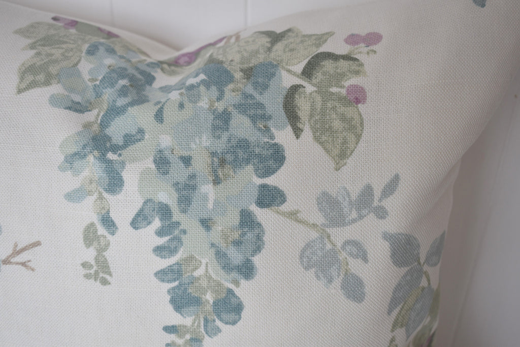 Laura Ashley Duck Egg Wisteria Cushion, backed with Laura Ashley Austen Off White, 16” Handmade with a Zip Fastening