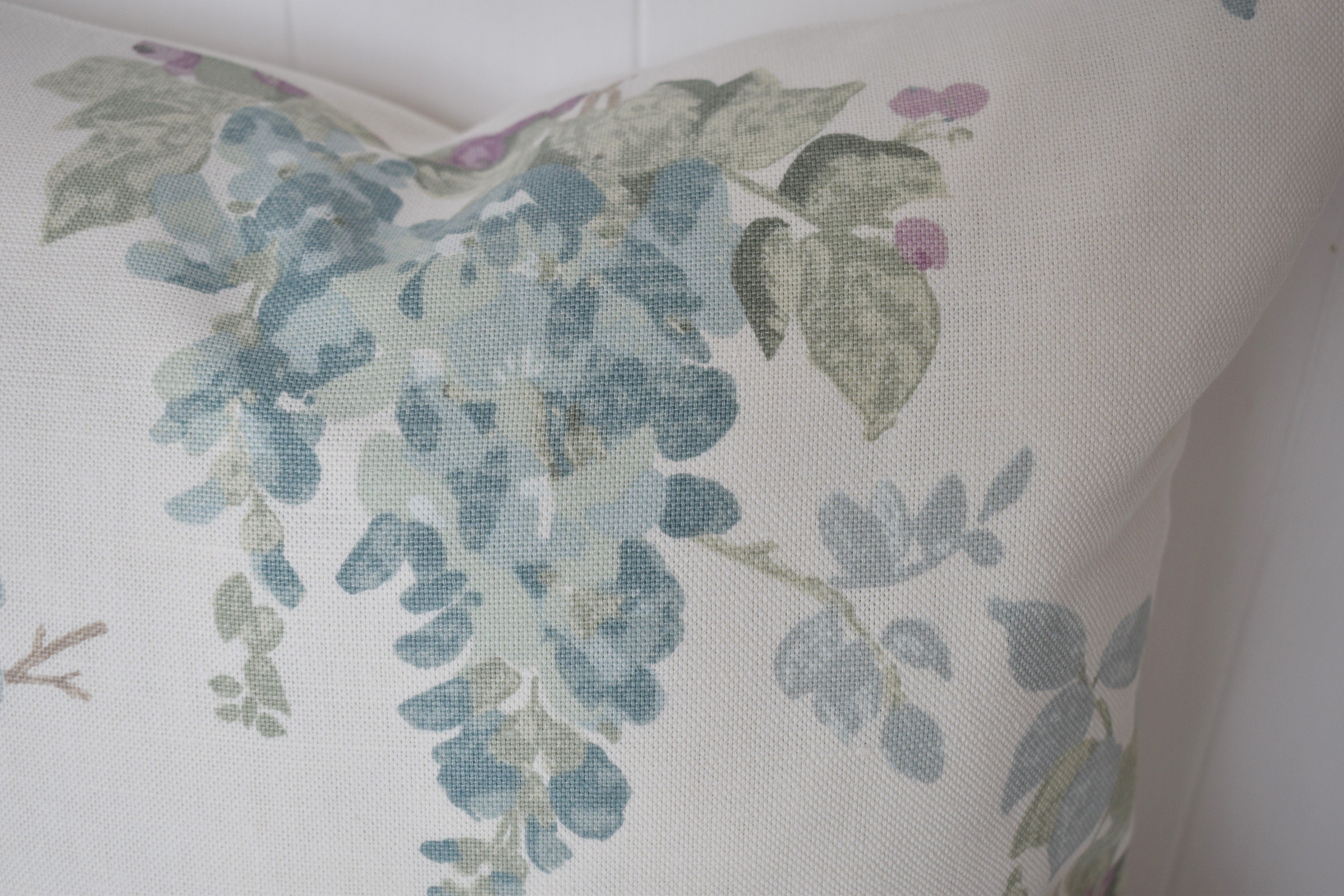 Laura Ashley Duck Egg Wisteria Cushion, backed with Laura Ashley Austen Off White, 16” Handmade with a Zip Fastening