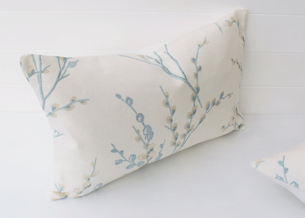 Laura Ashley Pussy Willow Duck Egg Cushion, Floral Pillow with Austen Off White back, Handmade with a Zip fastening.