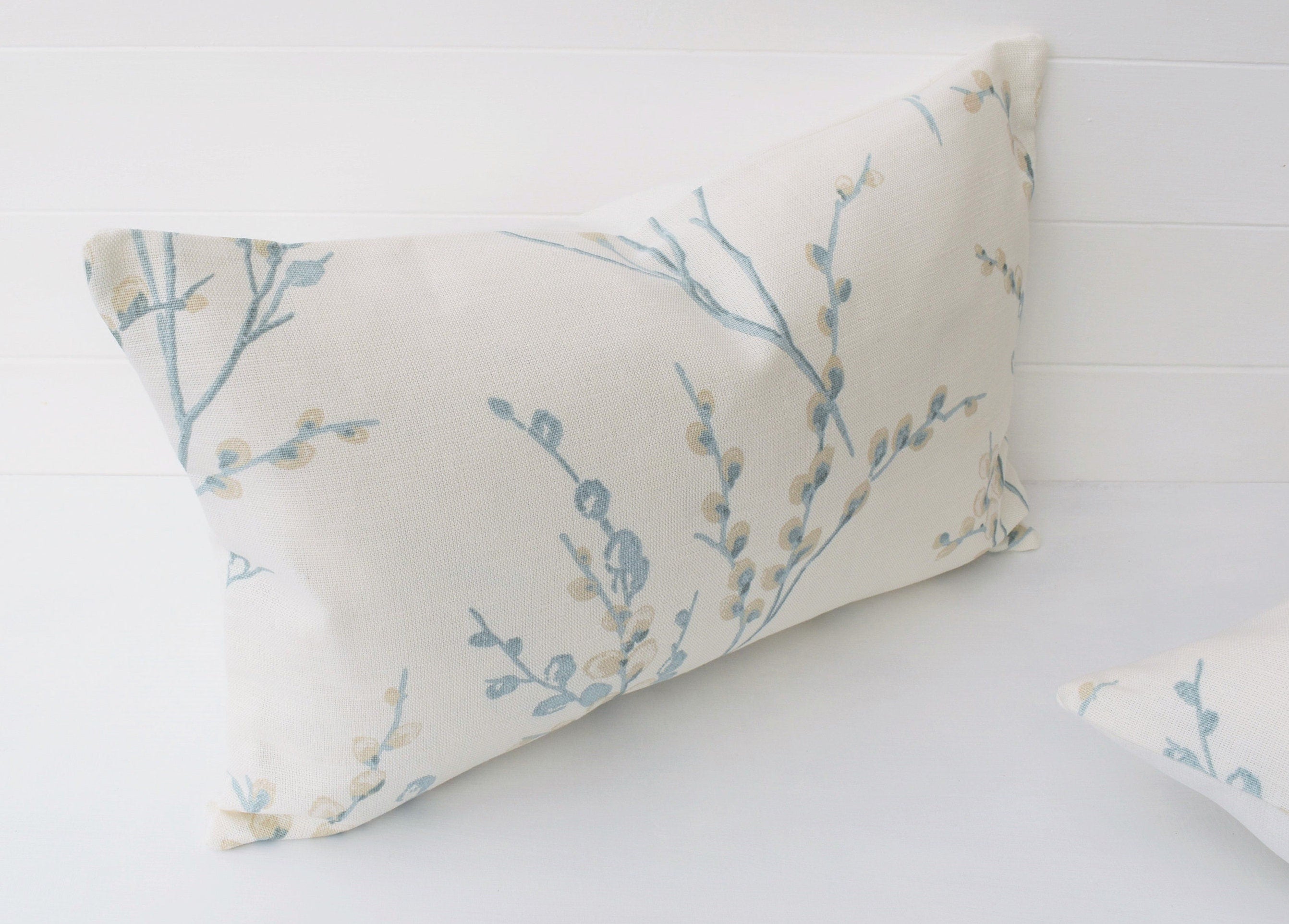 Laura Ashley Pussy Willow Duck Egg Cushion, Floral Pillow with Austen Off White back, Handmade with a Zip fastening.