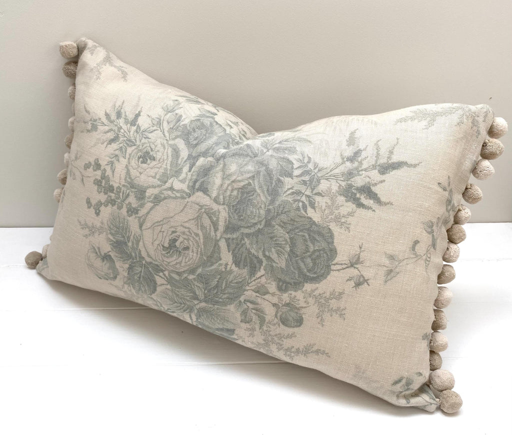 Kate Forman Large Blue Roses Cushion, Pom Pom Edge, Handmade Including Feather Inner Pad, Size 55cm by 35cm.