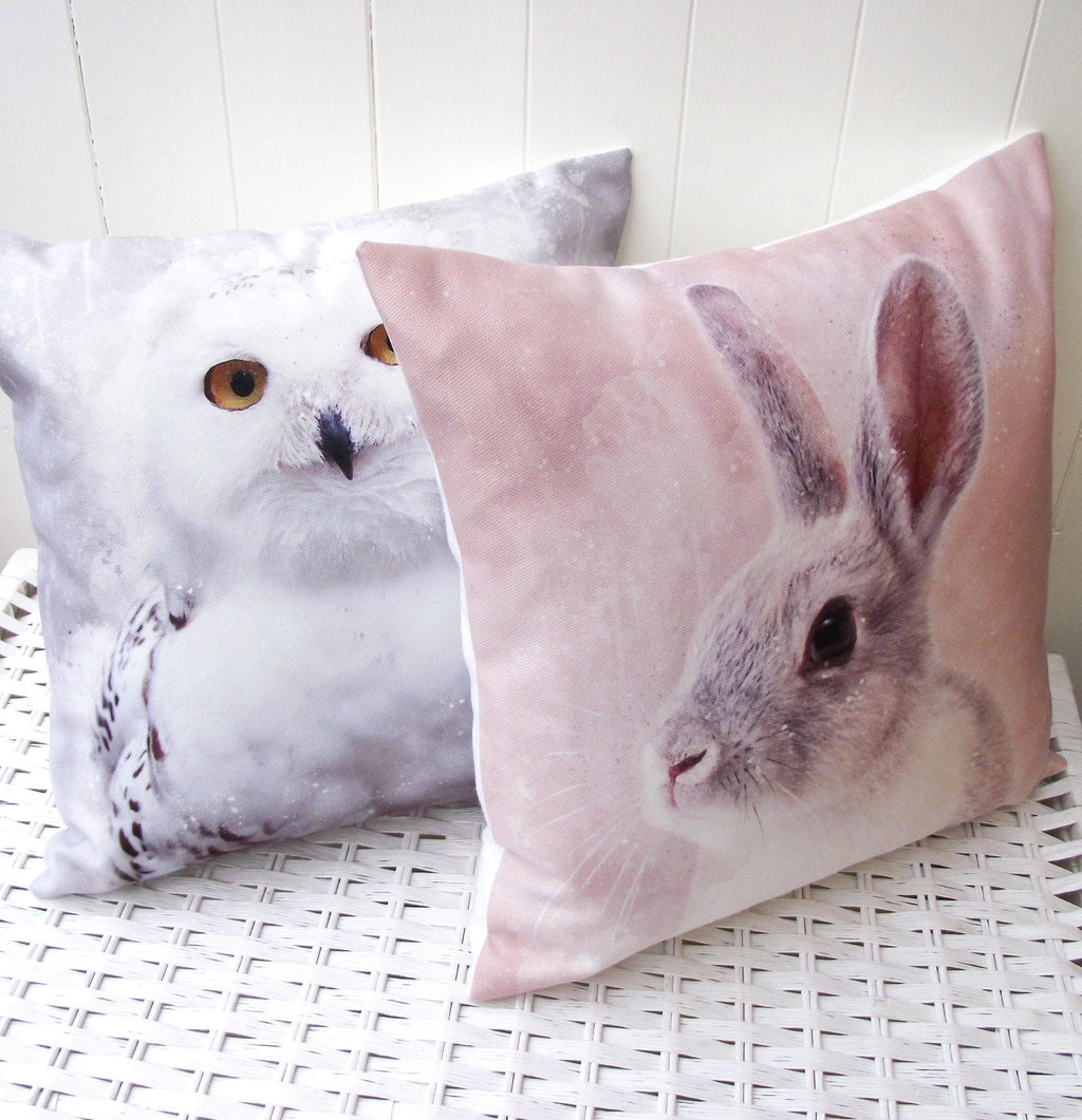 Rabbit Art Print Cushion: Handmade Bunny Pillow, Choice of Cover or Cover with Pad.