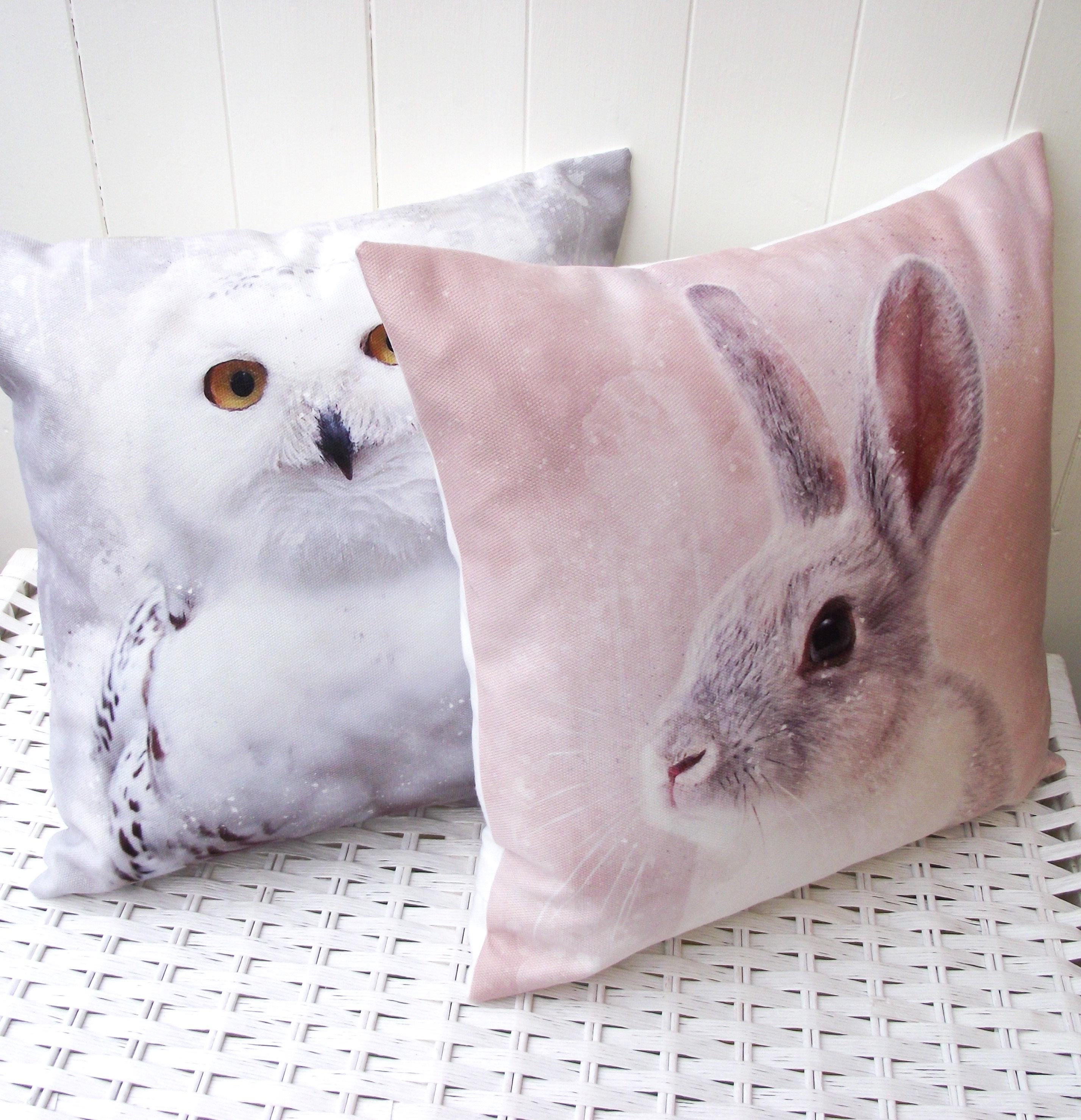 Rabbit Art Print Cushion: Handmade Bunny Pillow, Choice of Cover or Cover with Pad.
