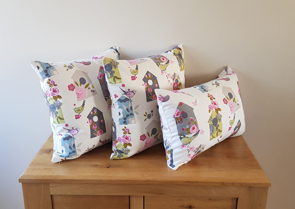 BirdHouse Cushion, Flowers and Birds Pillow with Pattern on Both Sides, Fastened with a Zip