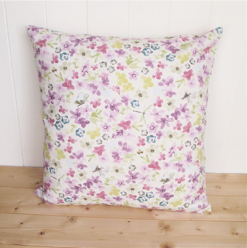 Purple Floral Cushion, Hidcote Pattern on both Sides, Pastel Flower Pillow,  with Zip Fastening.