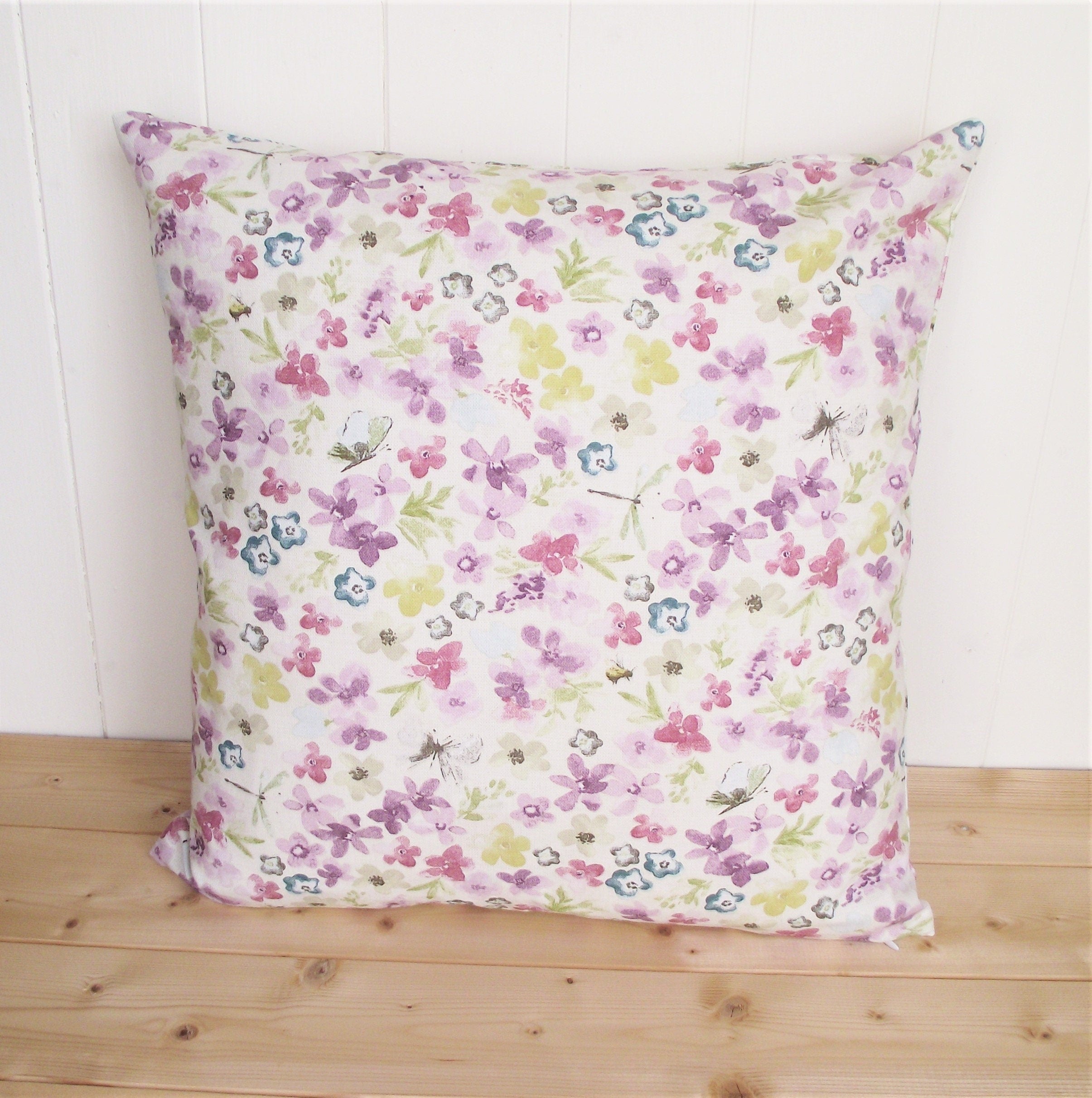 Purple Floral Cushion, Hidcote Pattern on both Sides, Pastel Flower Pillow,  with Zip Fastening.