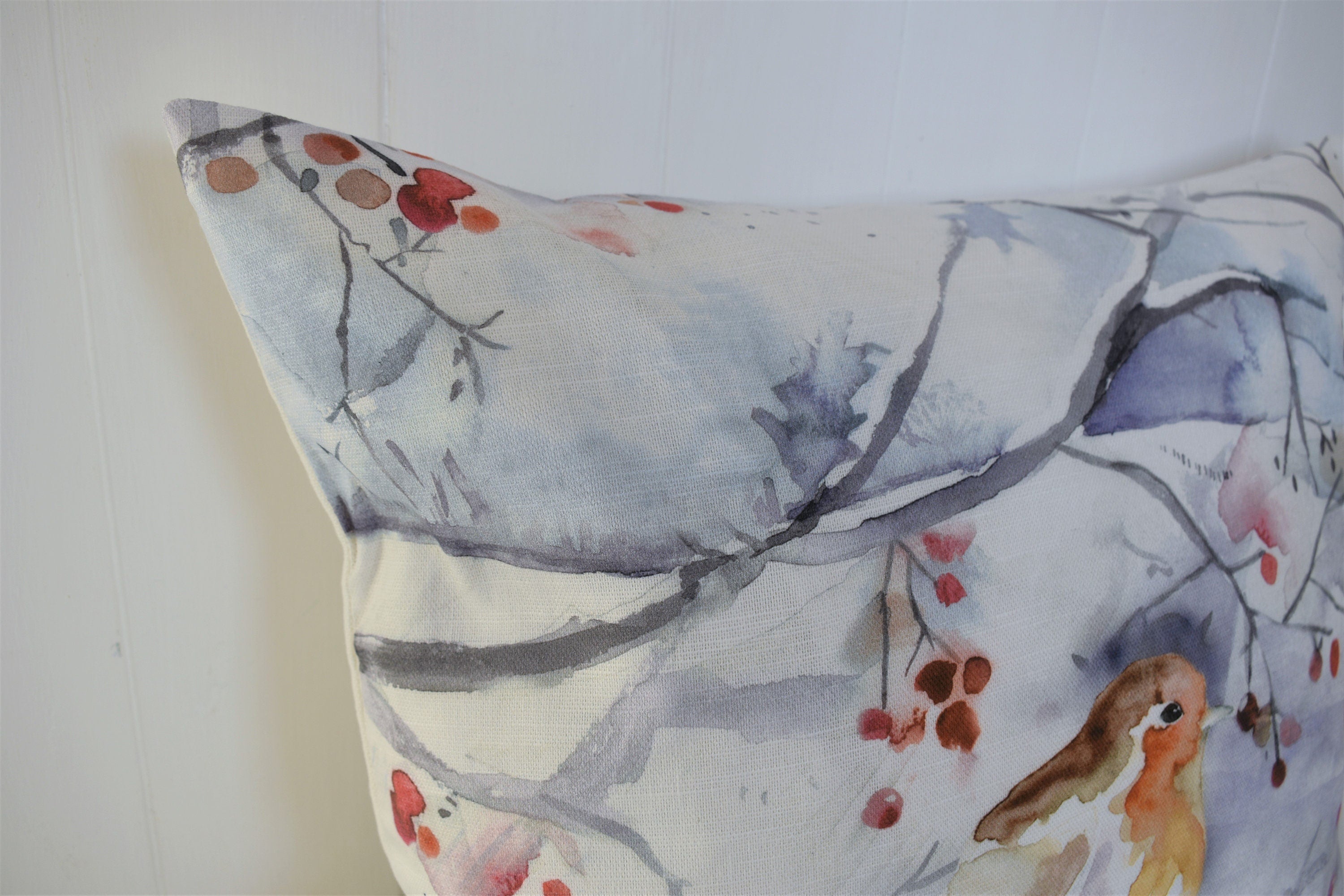 Handmade Winter Robin Cushion: Voyage Maison Watercolor Print, Laura Ashley Back
