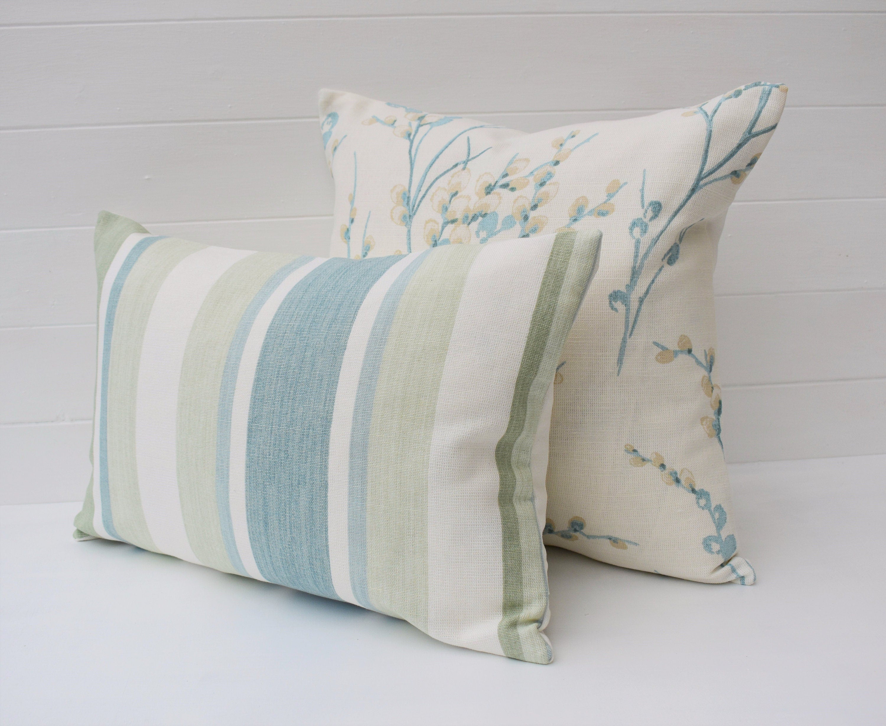 Laura Ashley Awning Stripe Green Cushion : Duck Egg Green, Handmade with Zip Fastening