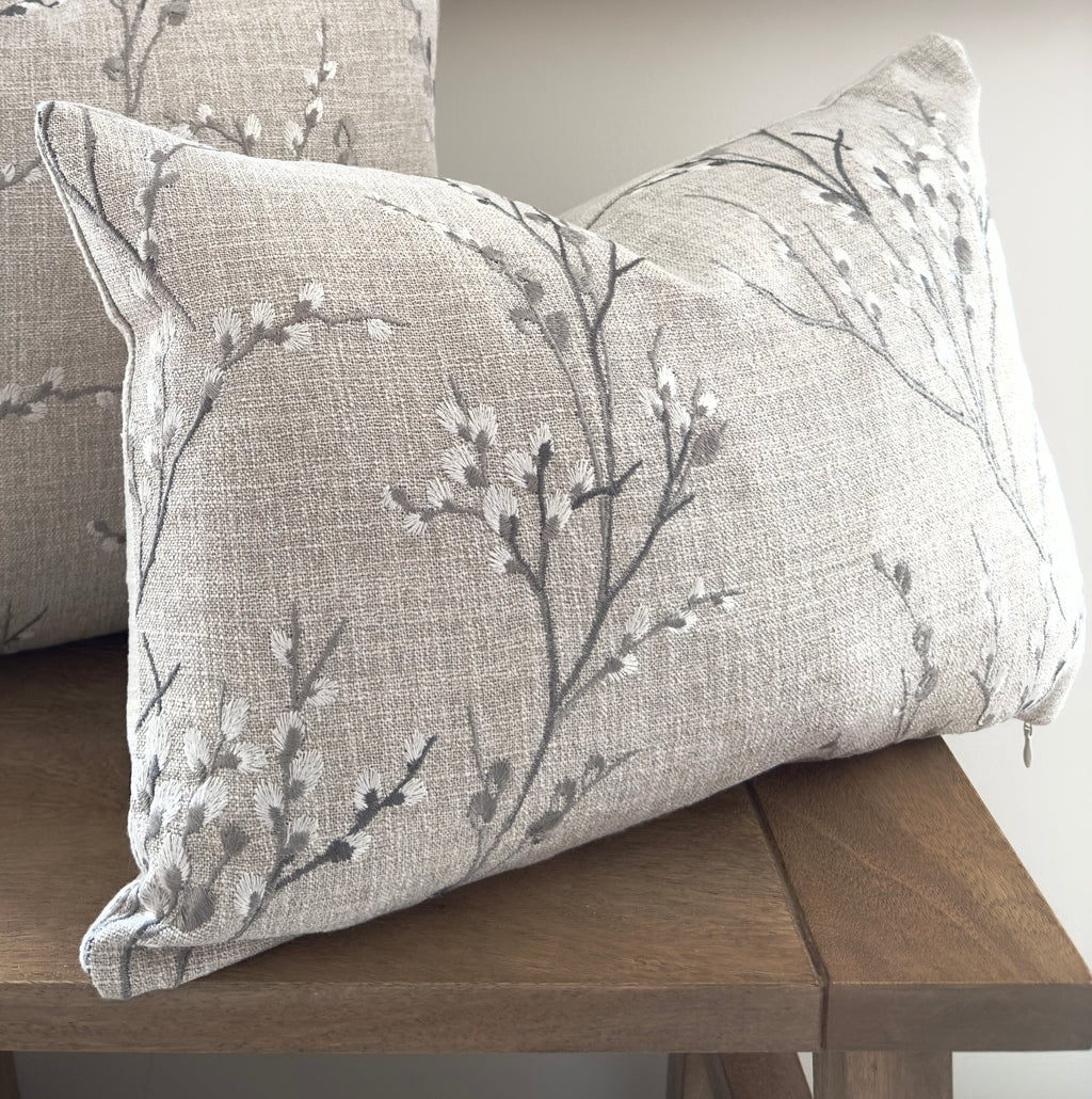 Laura Ashley Pussy Willow Embroidered Steel Grey Cushion, Handmade with a Zip Fastening