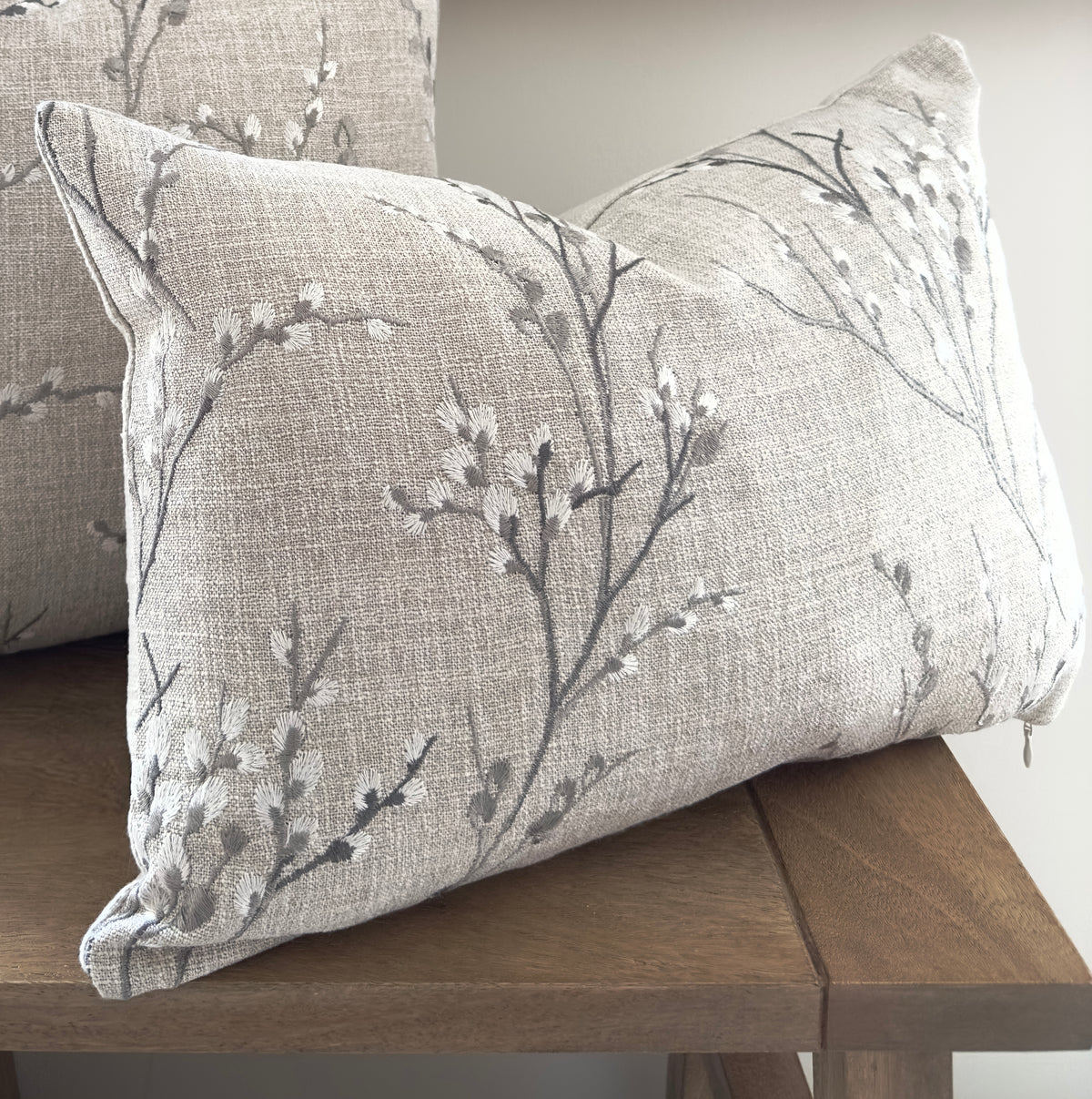 Laura Ashley Pussy Willow Embroidered Steel Grey Cushion, Handmade with a Zip Fastening