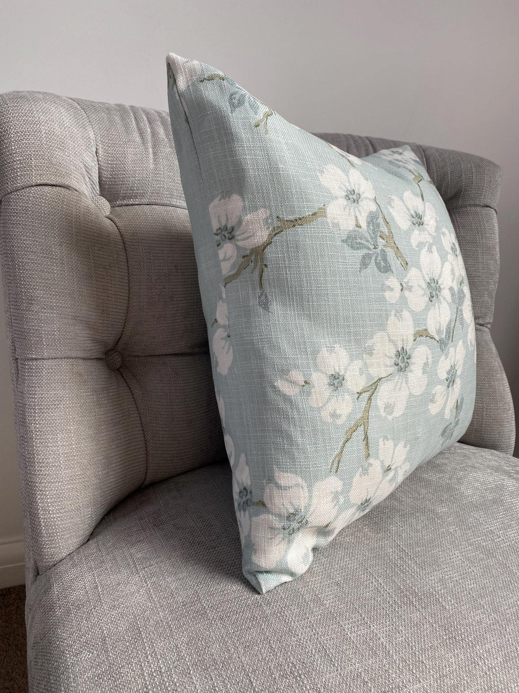 Handmade Laura Ashley Iona Duck Egg Cushion, Iona on both sides, 16"