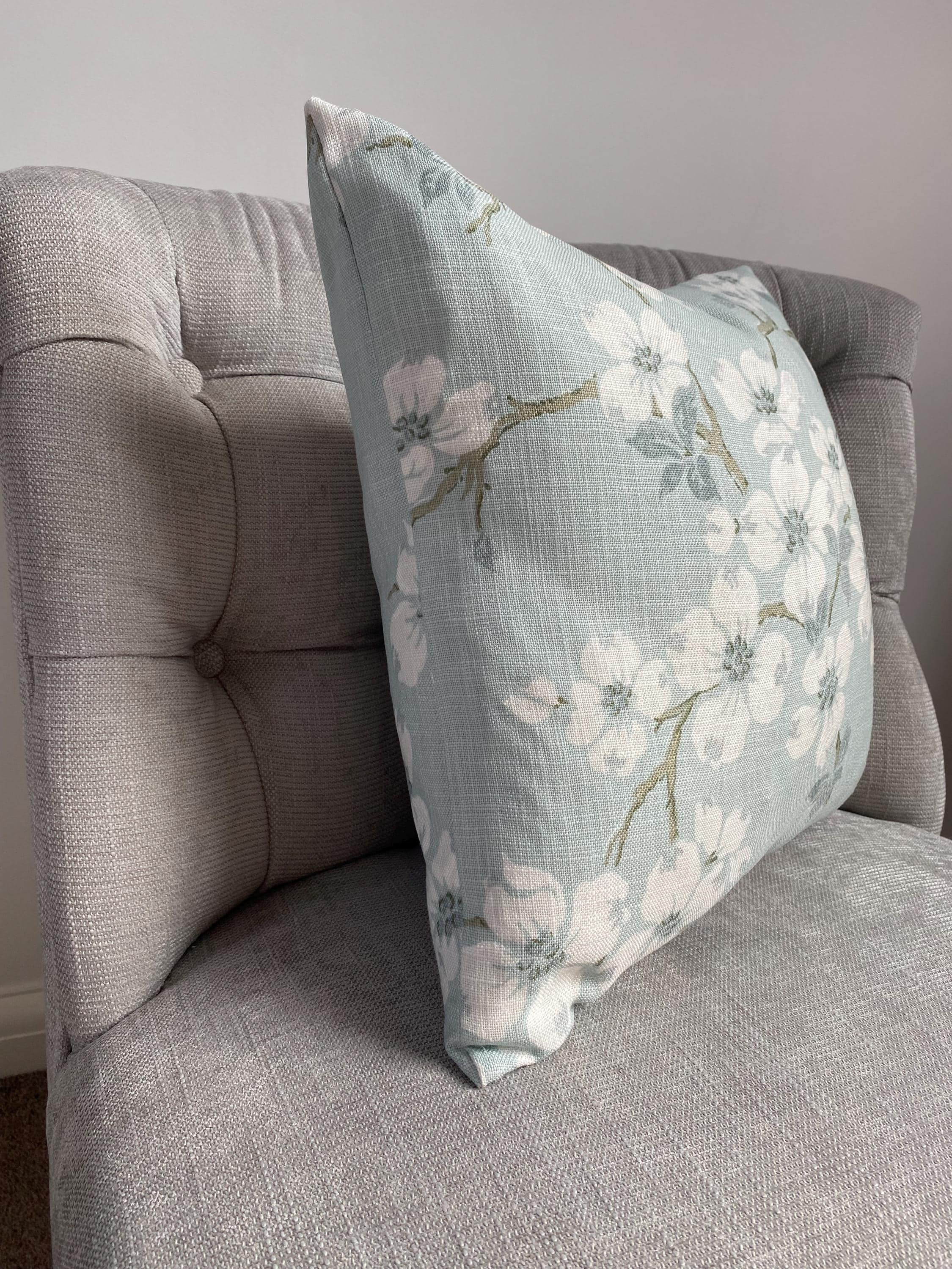 Handmade Laura Ashley Iona Duck Egg Cushion, Iona on both sides, 16"