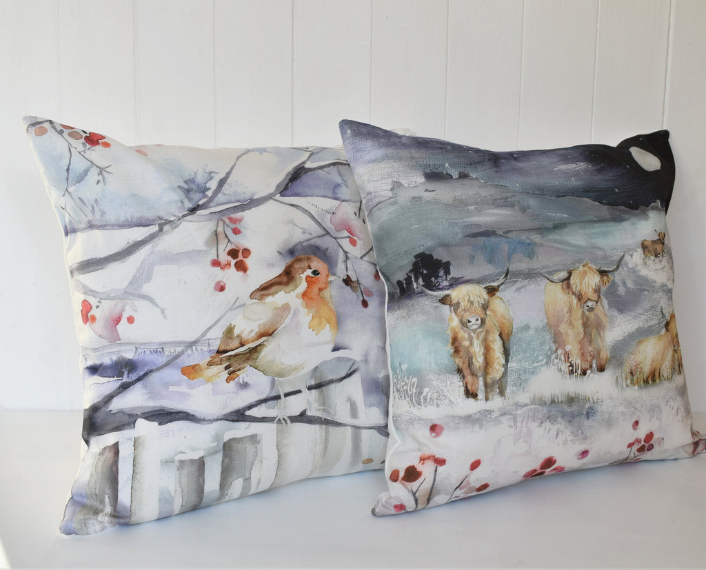 Handmade Winter Robin Cushion: Voyage Maison Watercolor Print, Laura Ashley Back