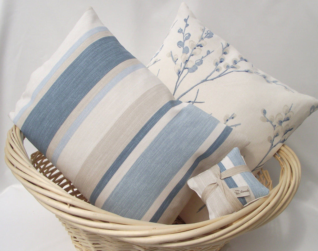 Laura Ashley Pussy Willow Blue Seaspray Cushion, Floral Fabric backed with Laura Ashley Austen Off White, Handmade with a Zip Fastening 16"