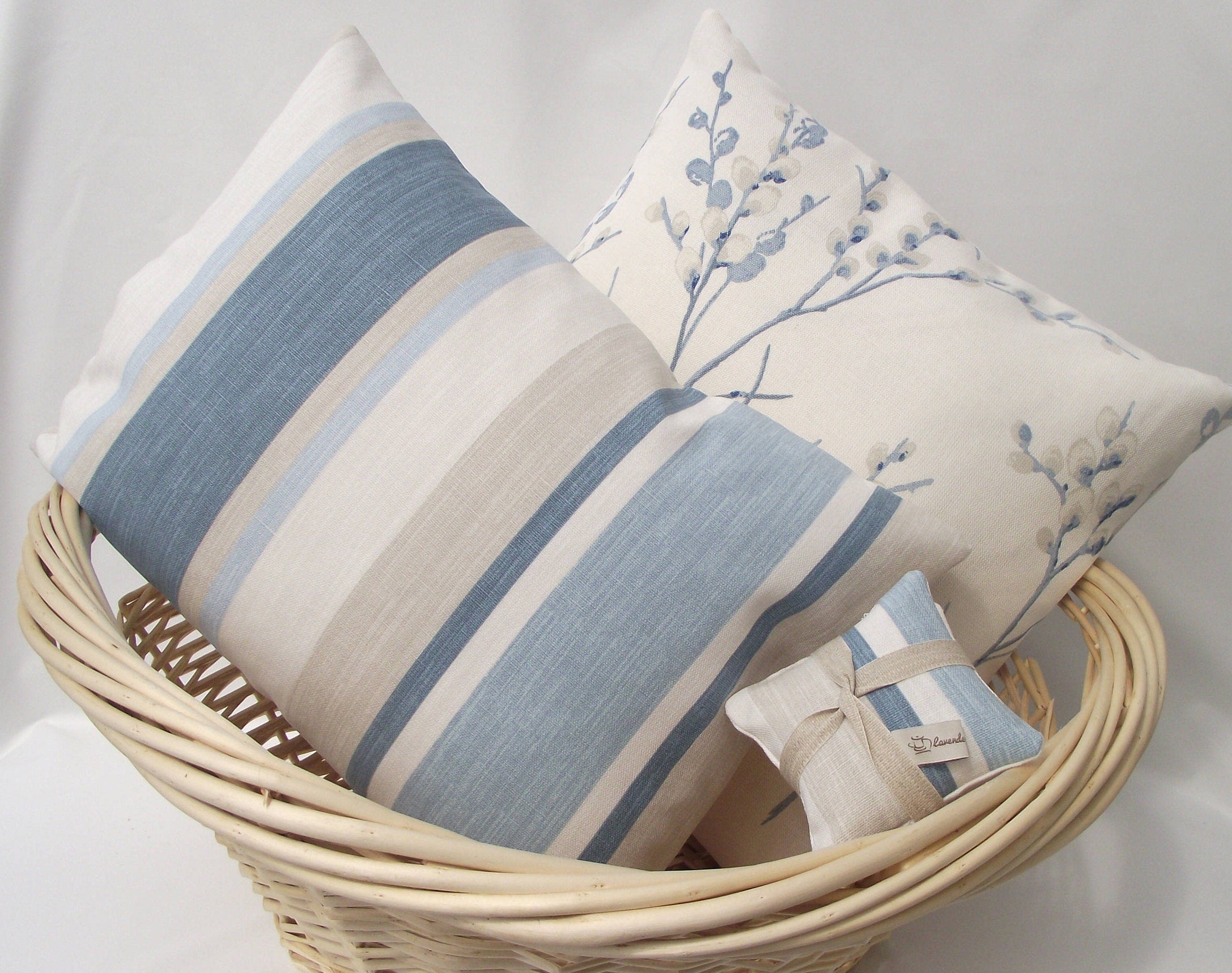 Laura Ashley Pussy Willow Blue Seaspray Cushion, Floral Fabric backed with Laura Ashley Austen Off White, Handmade with a Zip Fastening 16"