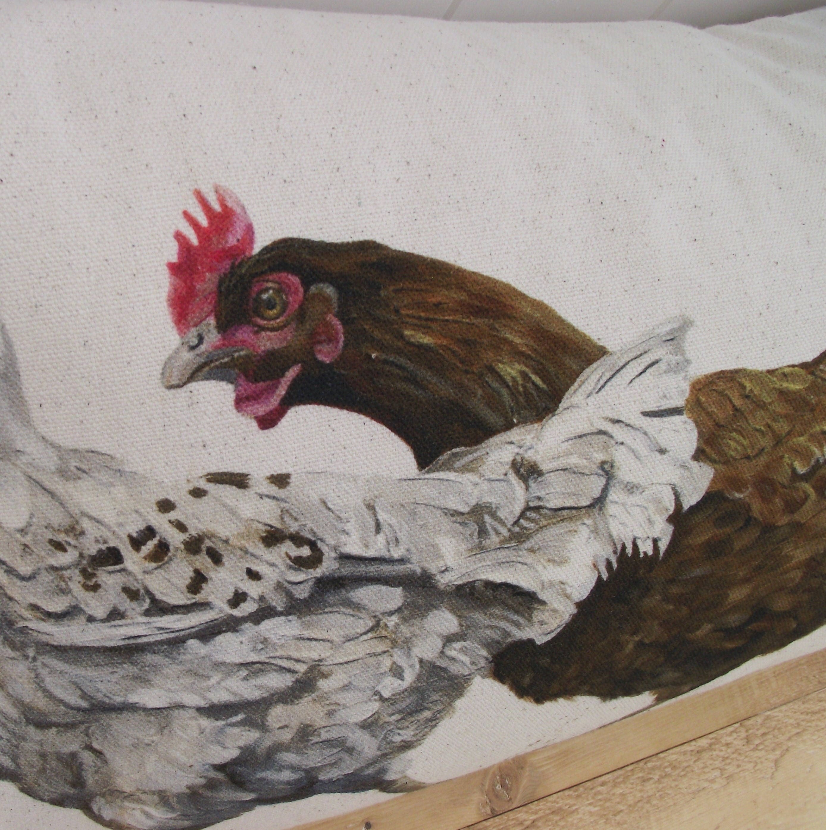 Chicken Run Rustic Cushion, Wendy Darker Art Print on Organic Cotton Fabric, Handmade Cushion with Zip Fastening.