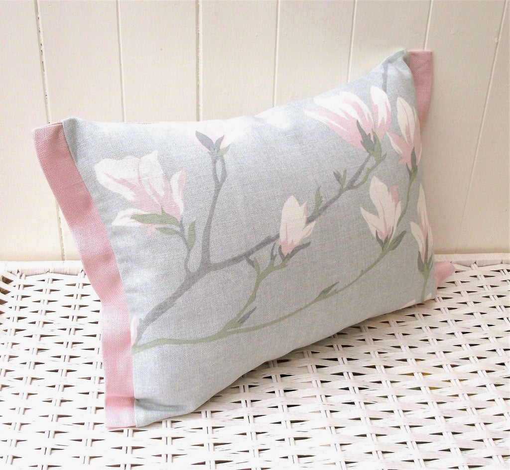 Laura Ashley Magnolia Grove Duck Egg Cushion, Handmade with Pink Edging