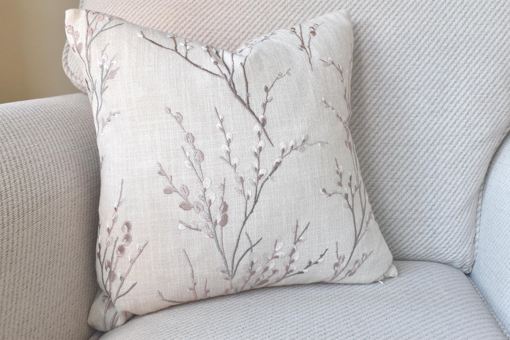Laura Ashley Blush Pussy Willow Cushion, Embroidered Pillow backed in Austen Natural, Handmade with a Zip Fastening 16"