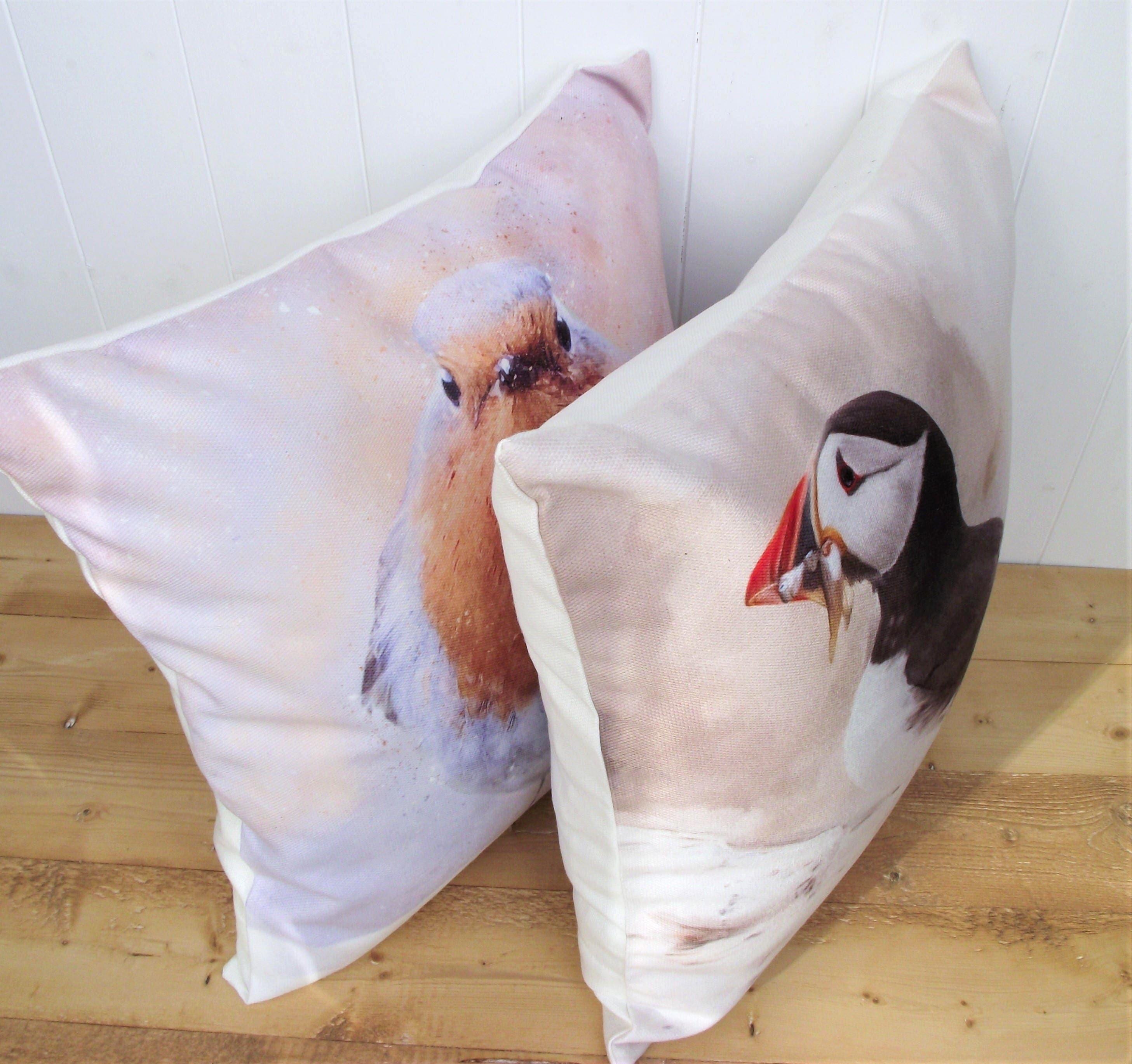 Winter Robin Cushion, Artist Watercolour Print Bird Pillow, Cover Only or Cover + Pad