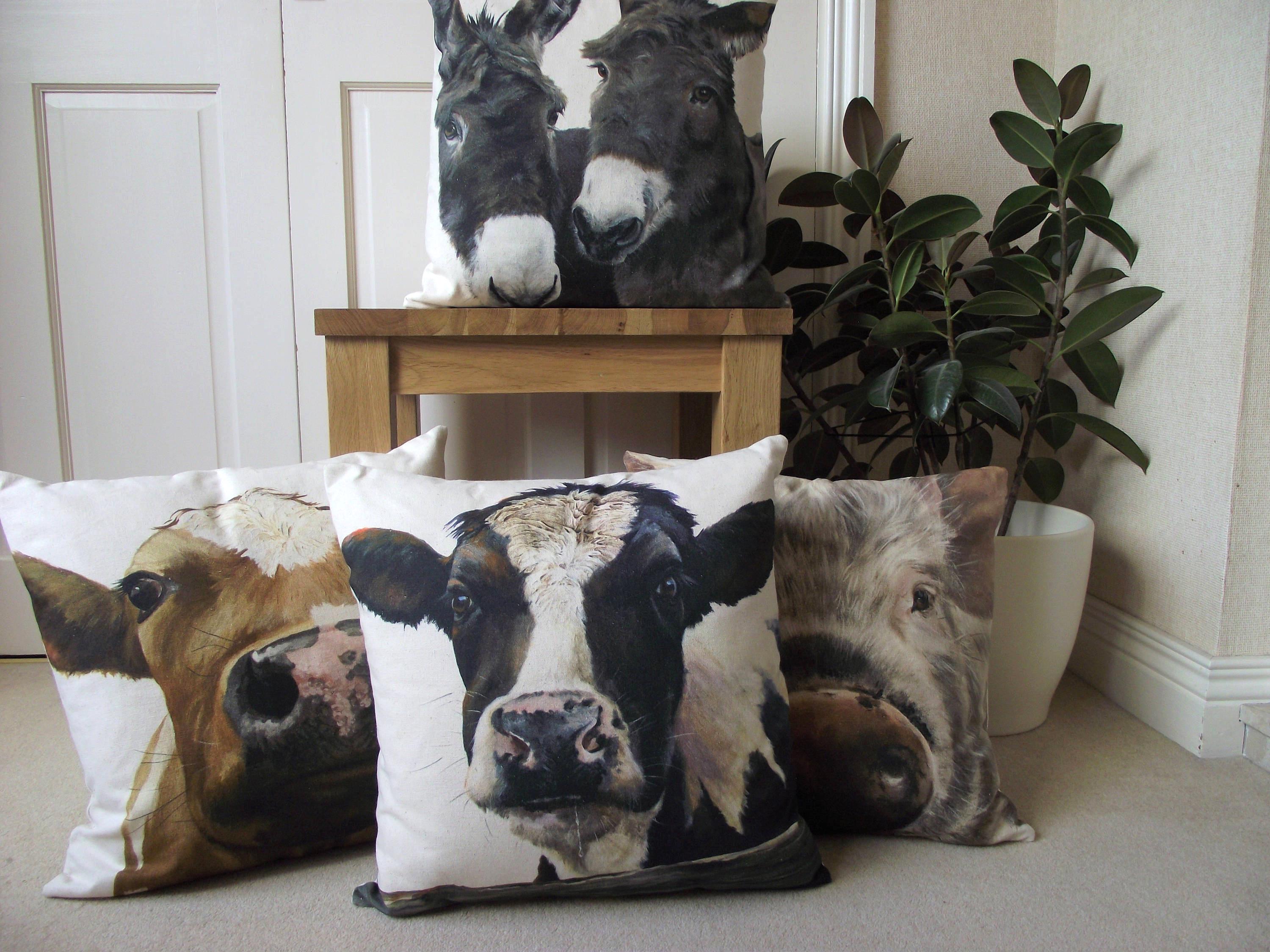 Friesian Cow Art Print Cushion: Handmade Organic Cotton Pillow Including Pad
