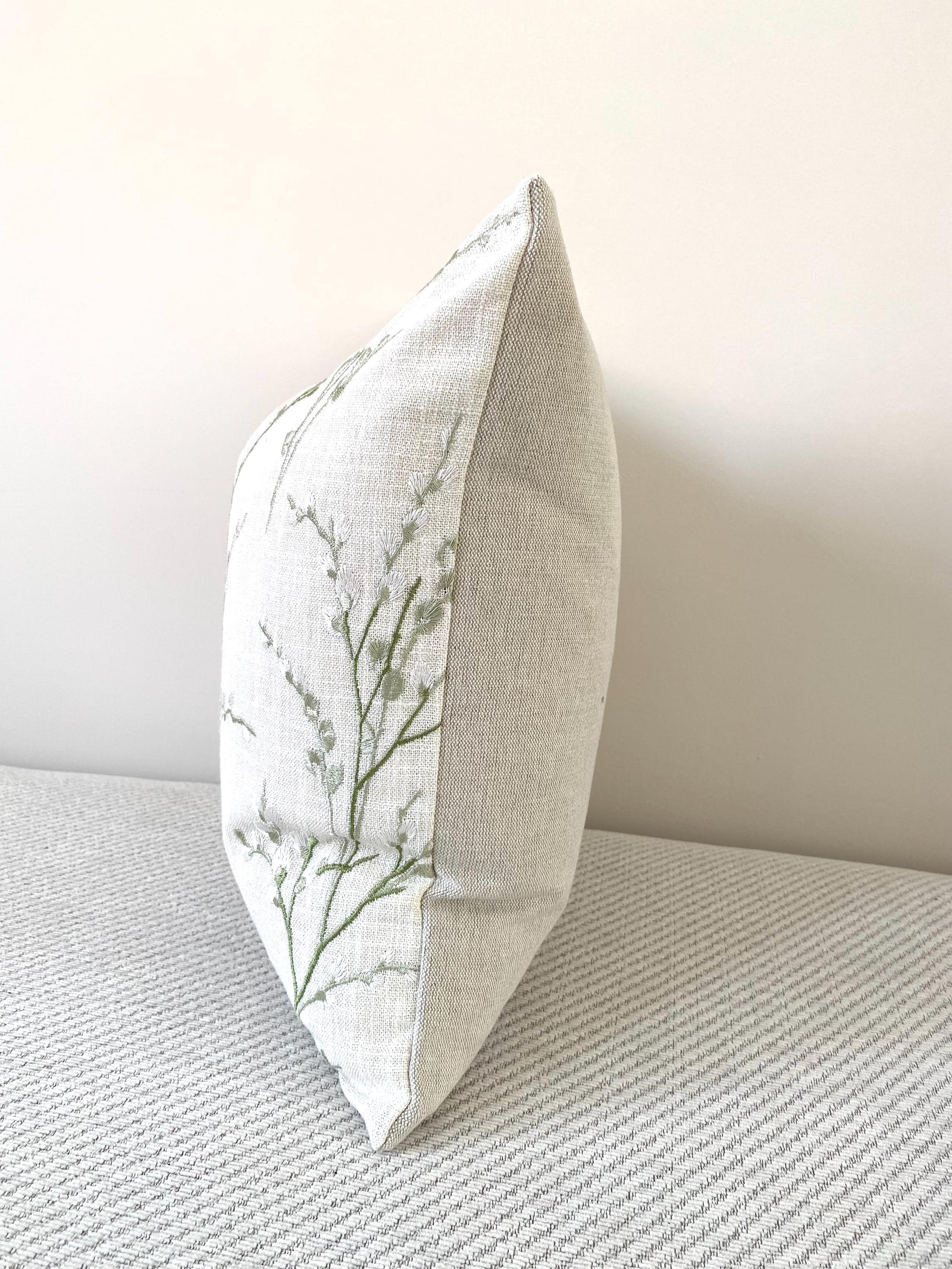 Laura Ashley Pussy Willow Cushion, Handmade in Embroidered Green Floral Hedgerow,16"