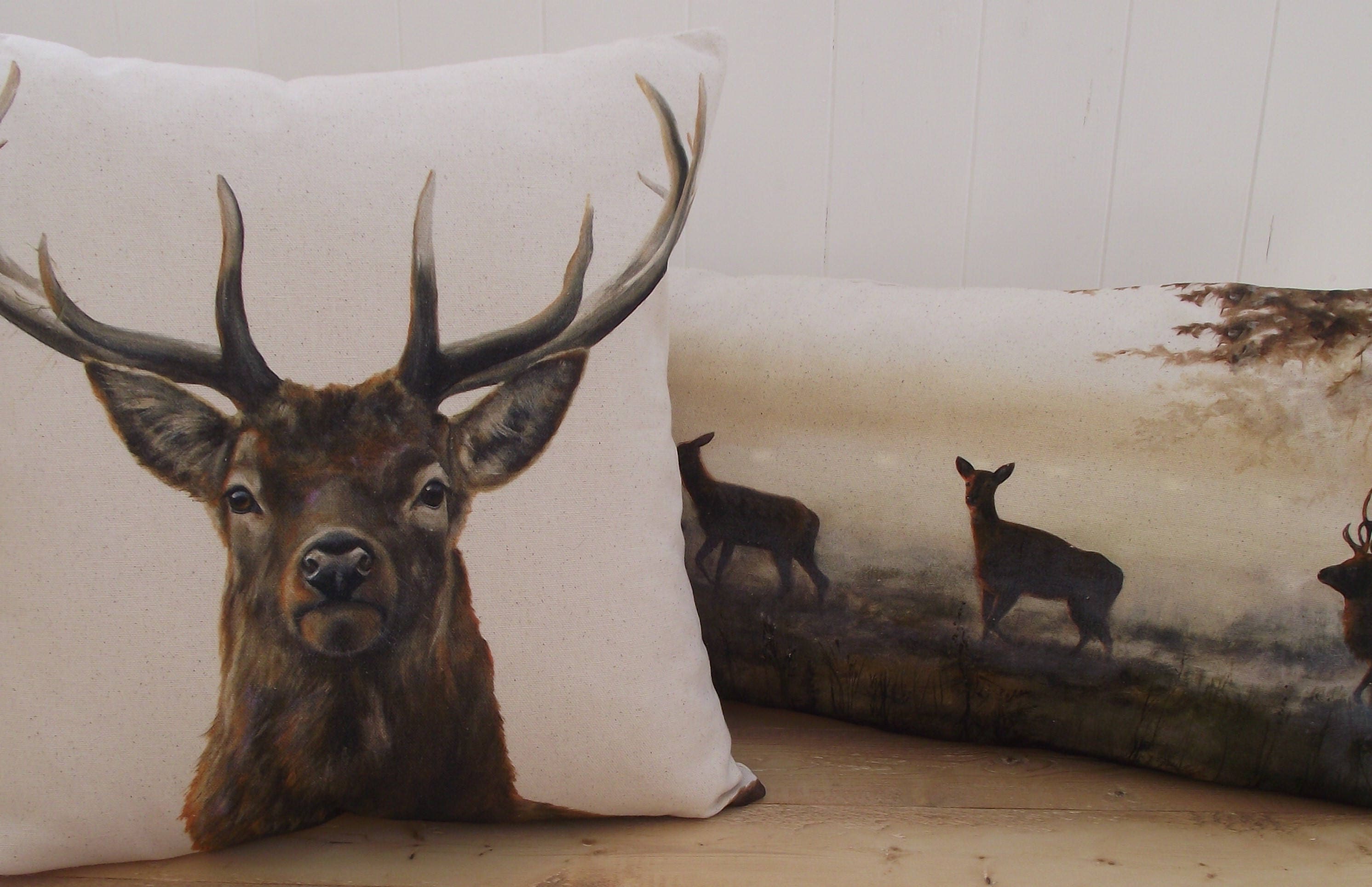 Stag Art Print Cushion: Organic Cotton Deer Pillow, Cover only or Cover with Pad