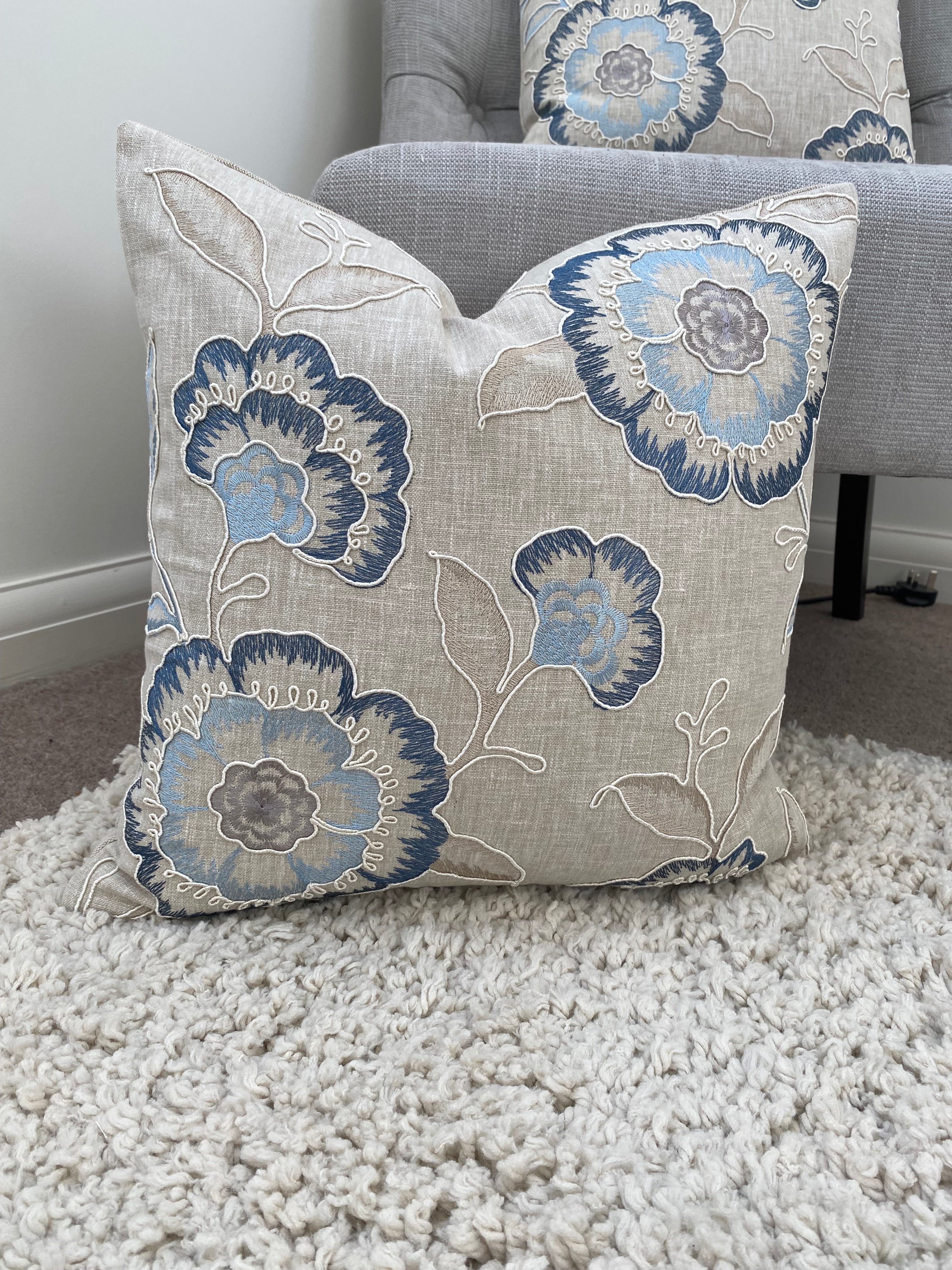 Richmond Denim Blue Cushion, Handmade with Embroidered Floral Fabric