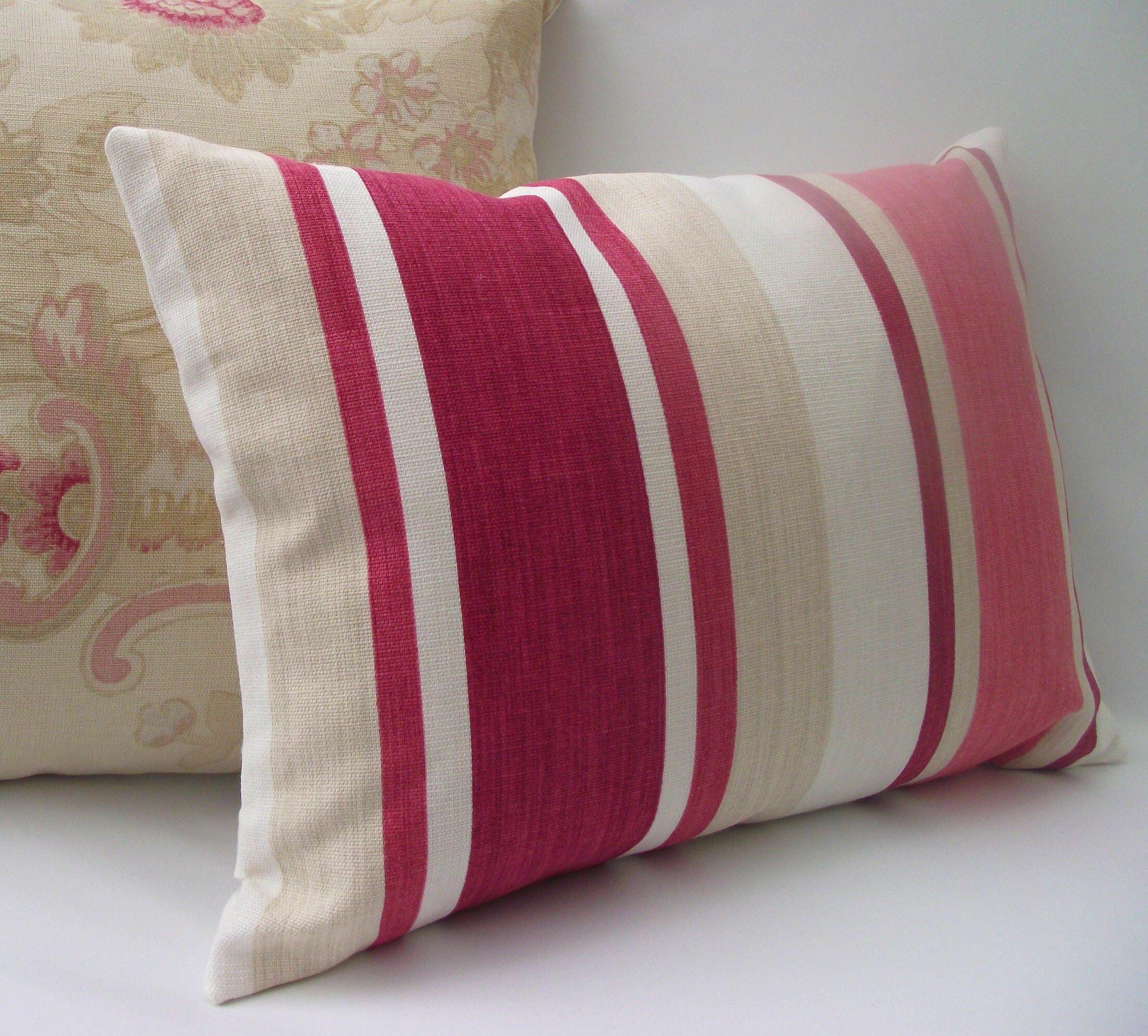 Laura Ashley Awning Stripe Cranberry Stripe Cushion : Handmade with Zip Fastening 16"