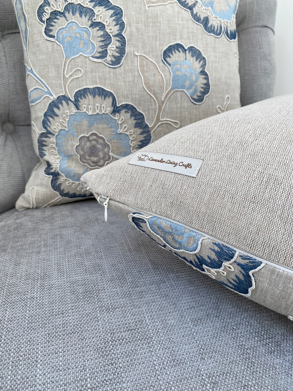 Richmond Denim Blue Cushion, Handmade with Embroidered Floral Fabric