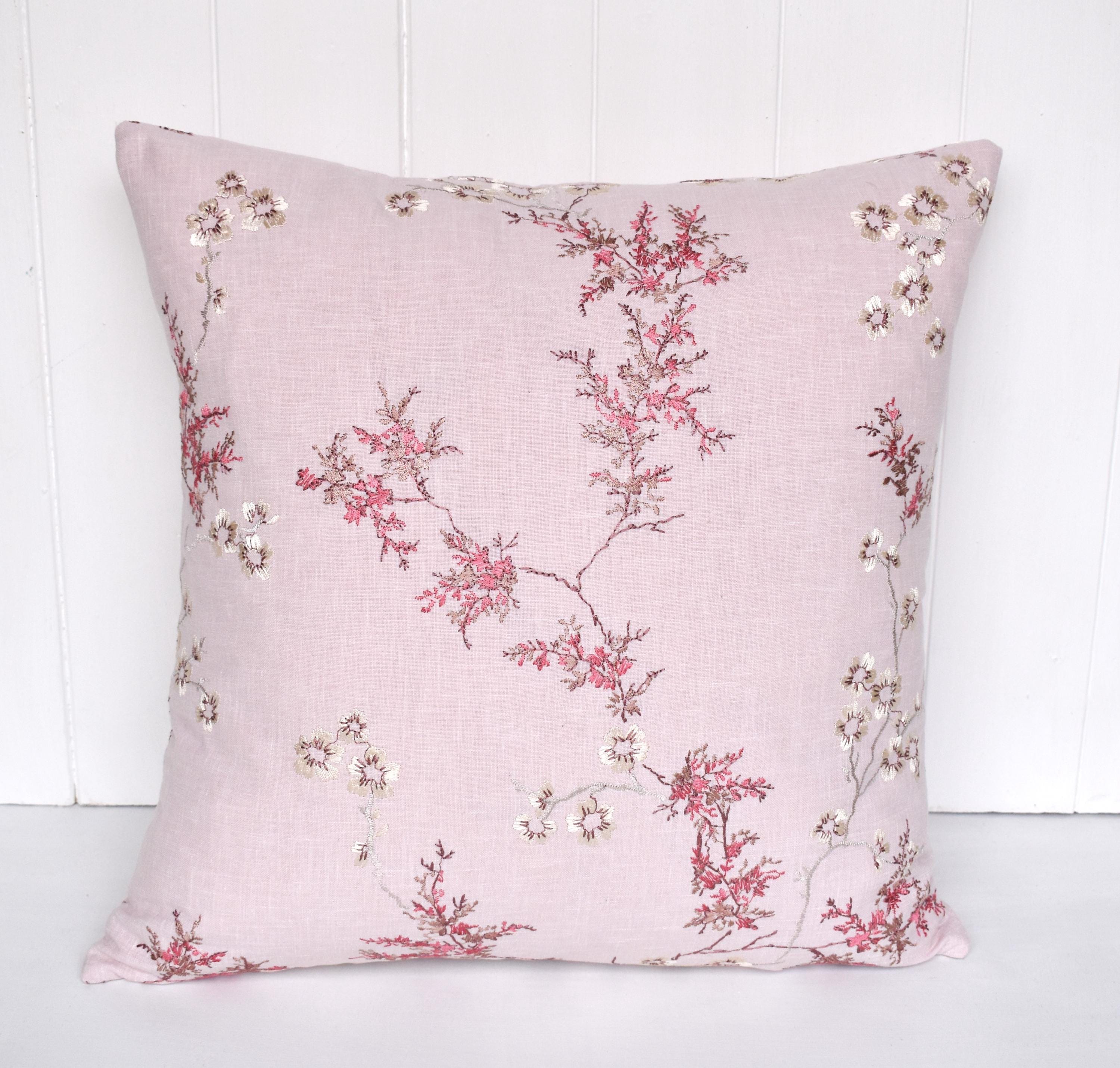 Laura Ashley Oriental Blossom Blush Pink Embroidered Cushion, Hand made with a zip fastening 16"