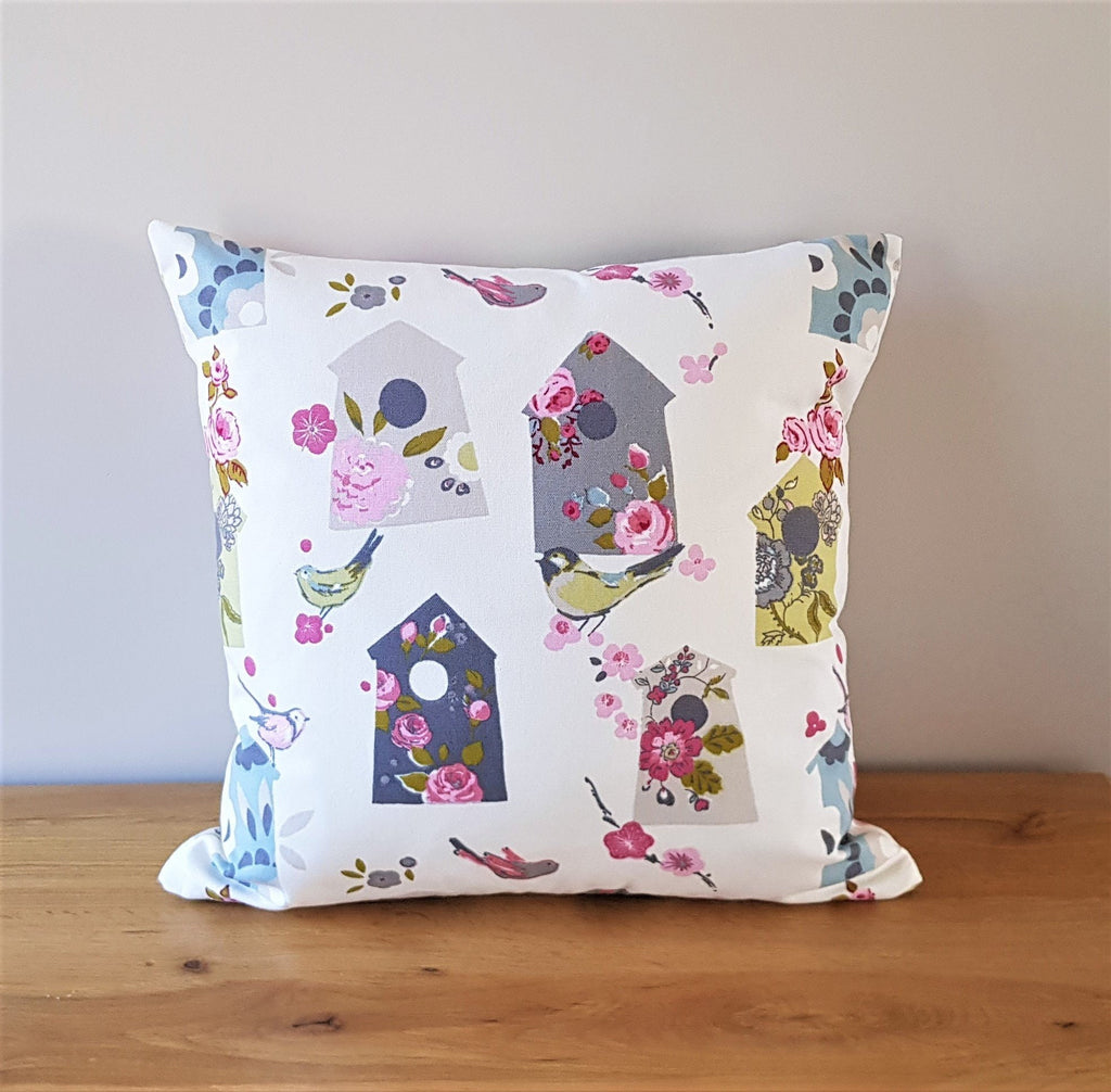BirdHouse Cushion, Flowers and Birds Pillow with Pattern on Both Sides, Fastened with a Zip