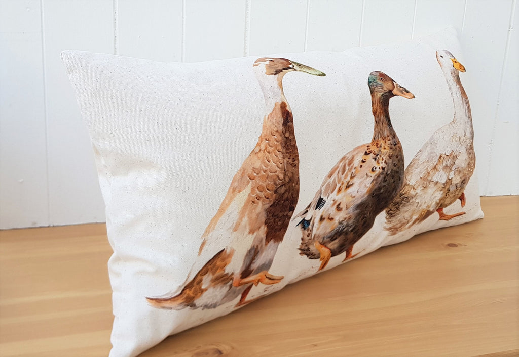 Ducks Organic Cotton Cushion: Farmyard Art by Wendy Darker (26x12)