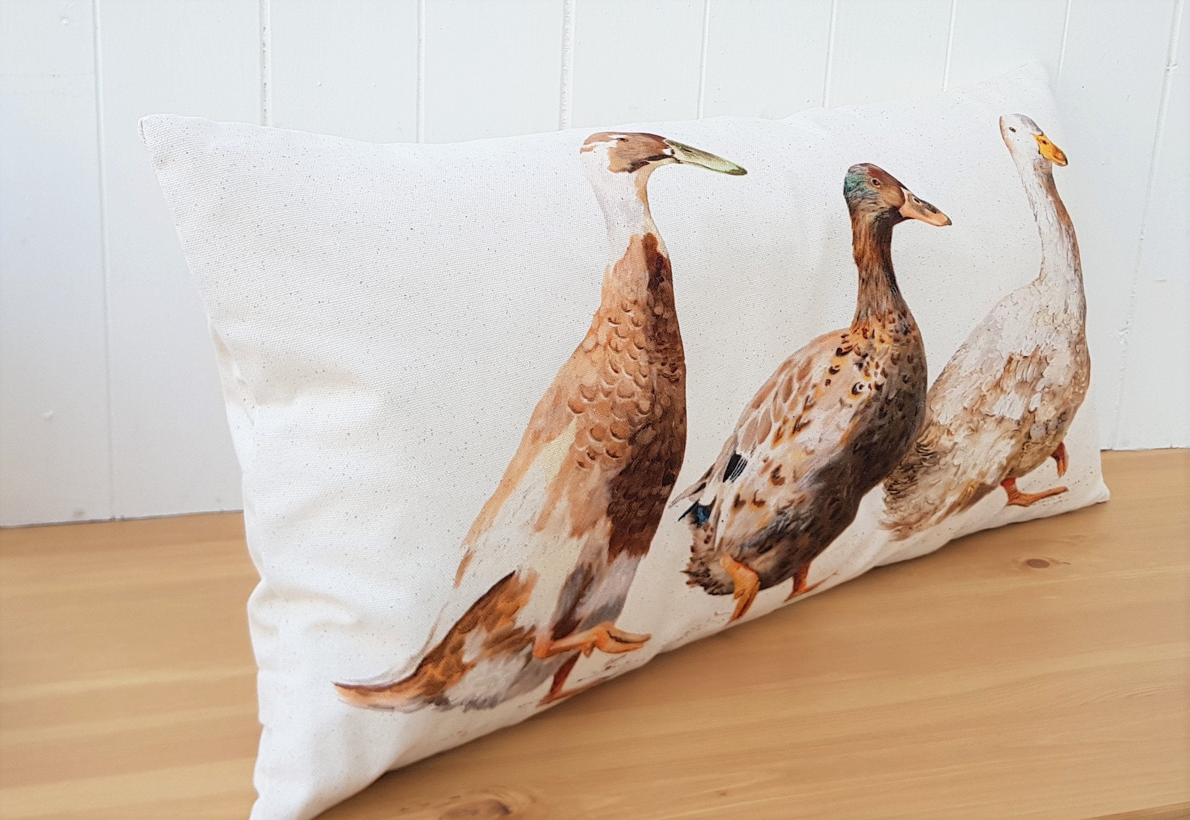 Ducks Organic Cotton Cushion: Farmyard Art by Wendy Darker (26x12)