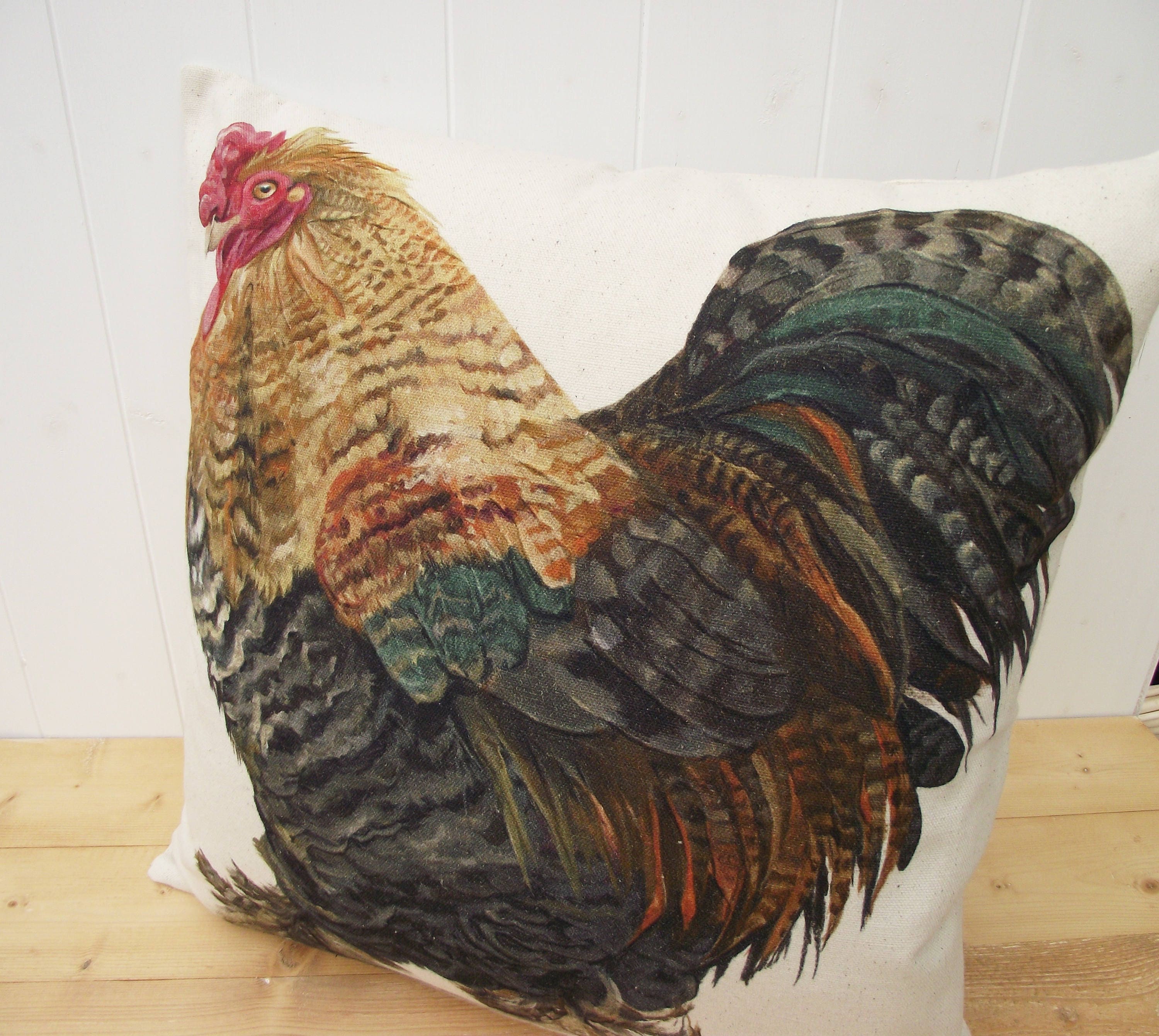 Wendy Darker Art Print Cockerel Cushion: Organic Cotton Pillow, Cover Only or Cover + Pad