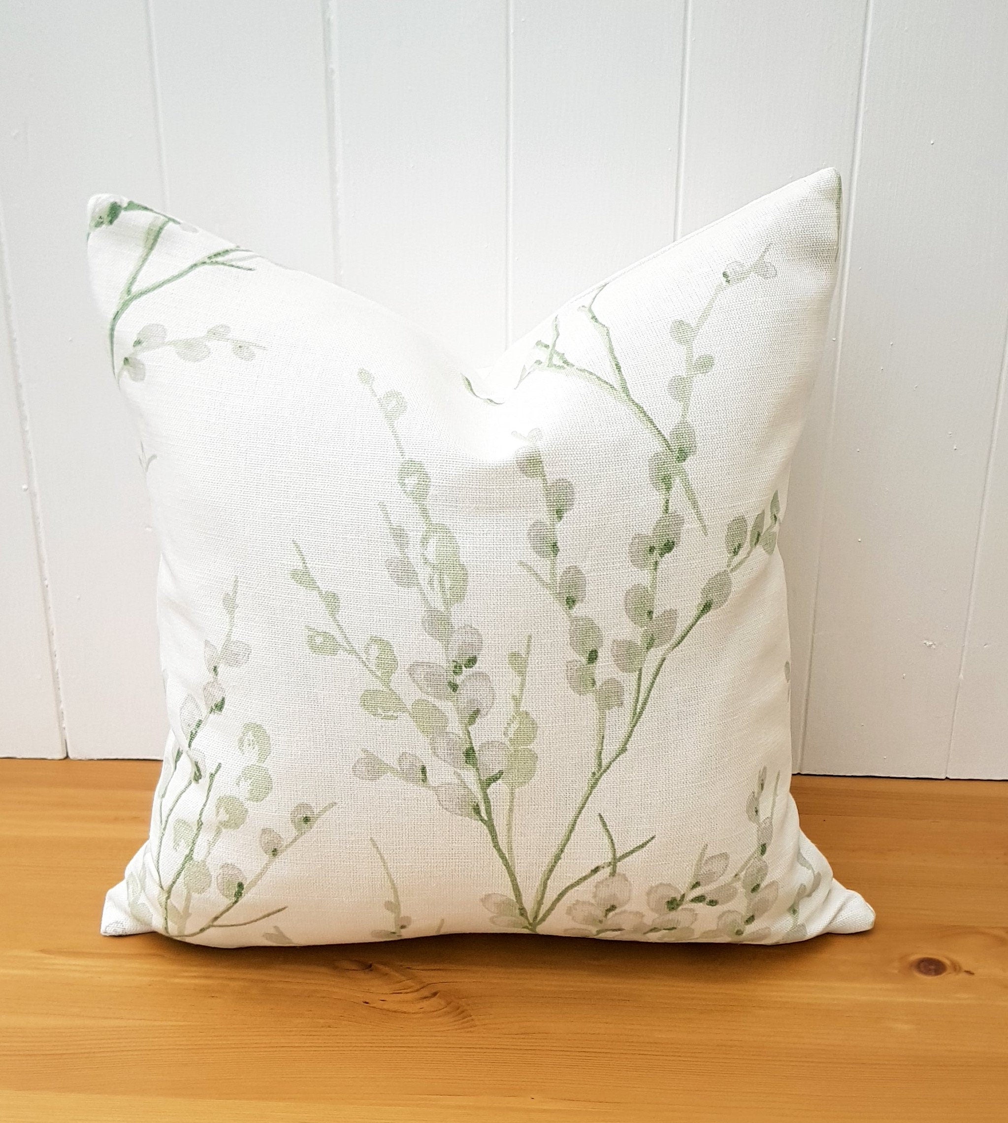 Laura Ashley Pussy Willow Cushion, Green Floral Hedgerow Pillow, backed in Laura Ashley Austen, Handmade with a Zip Fastening