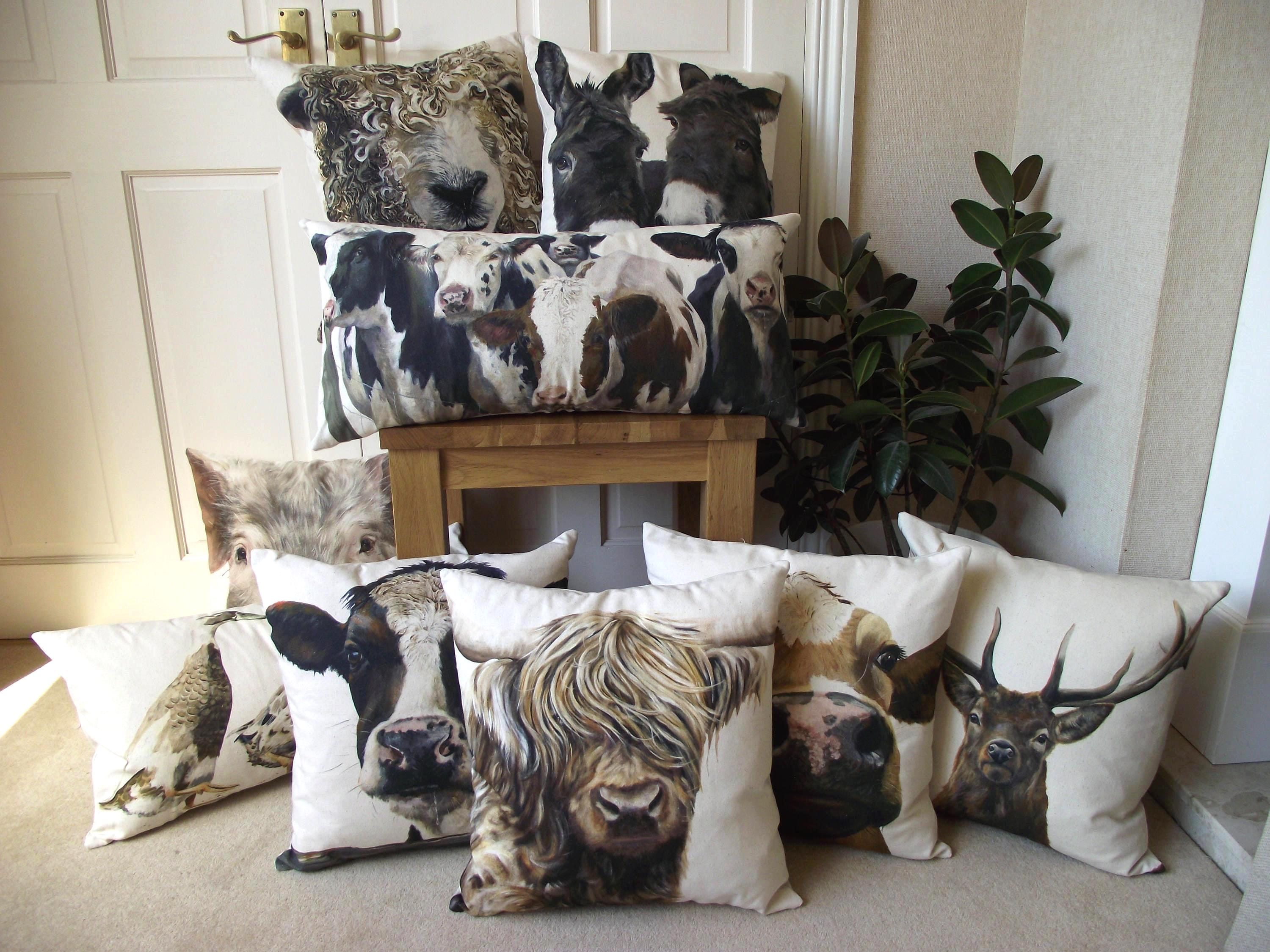Highland Cow Art Print Cushion: Organic Cotton Wendy Darker Artwork, Choice of Cover Only or Cover + Pad
