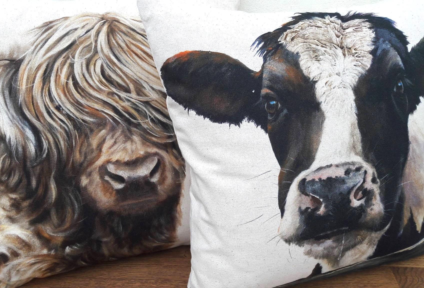 Friesian Cow Art Print Cushion: Handmade Organic Cotton Pillow Including Pad