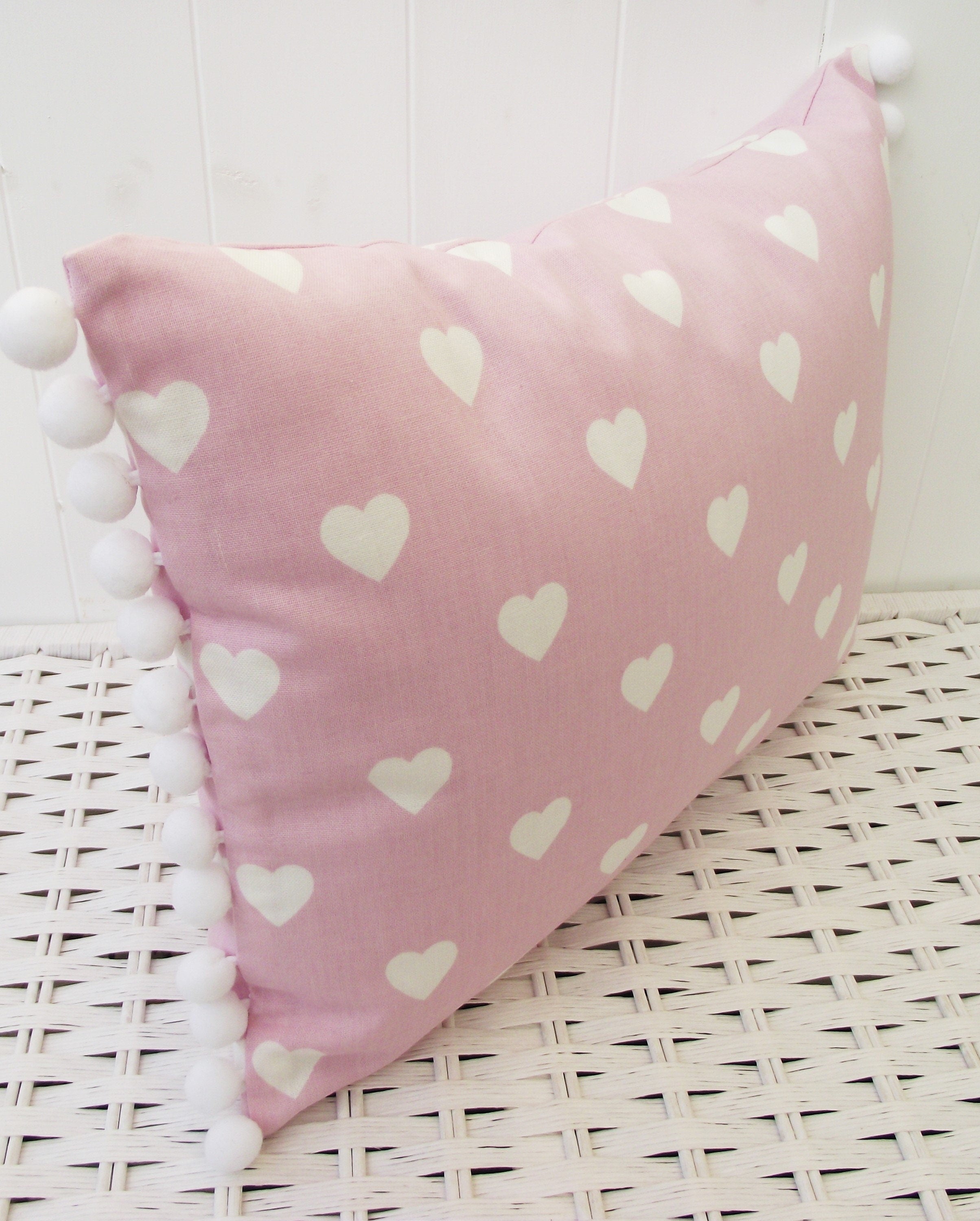 Laura Ashley Pink Hearts Cushion: Handmade Pom Pom Cushion