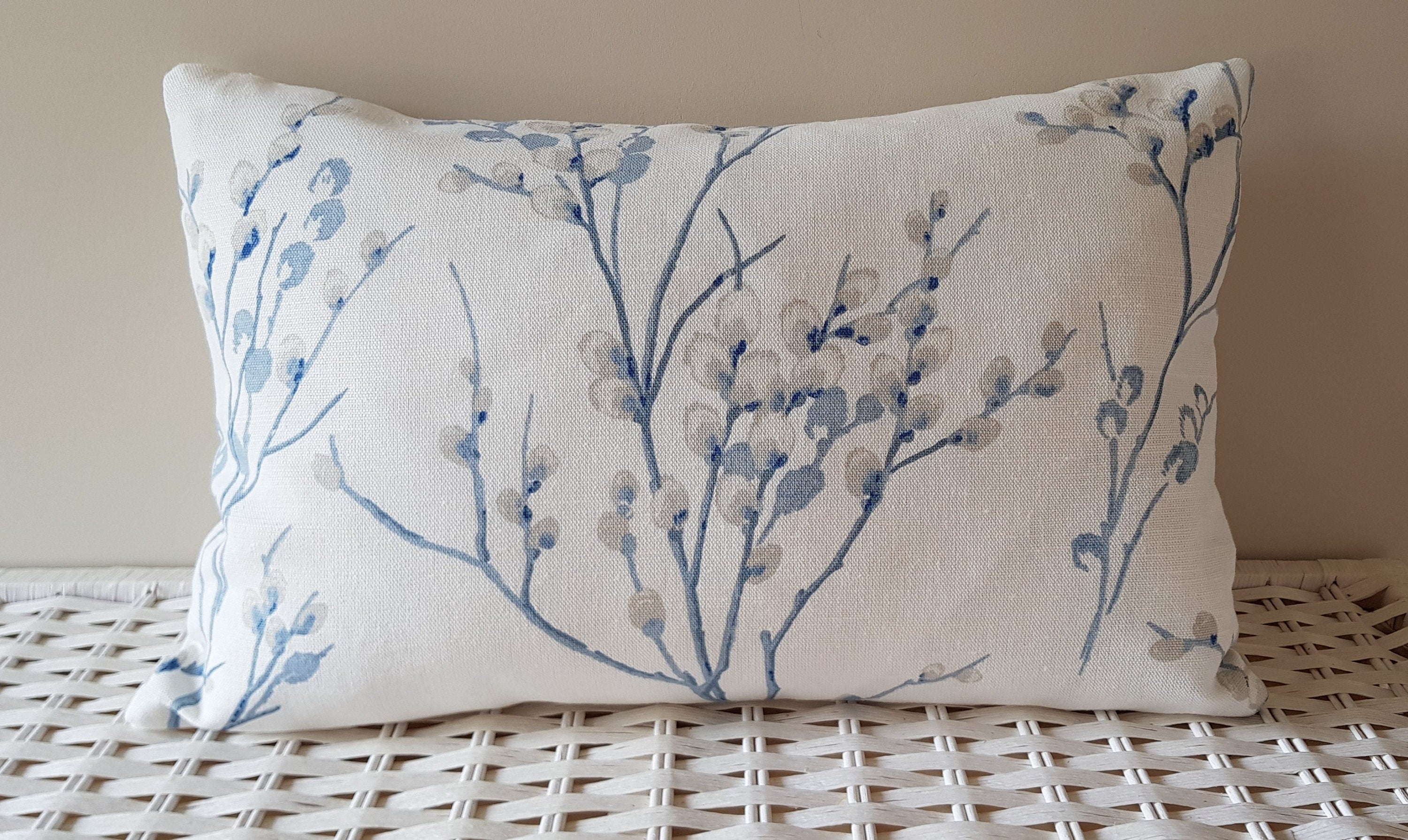 Laura Ashley Blue Seaspray Pussy Willow Cushion, with Austen Off White back, Handmade with a Zip fastening 18" by 12"