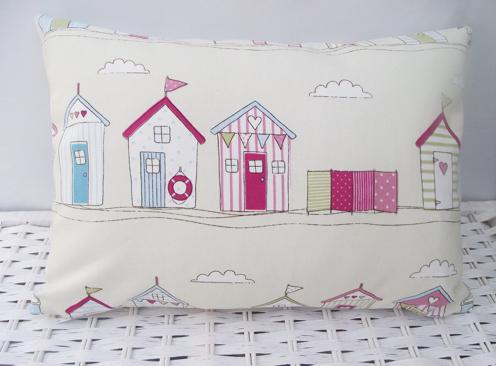 Handmade Beach Hut Cushion: Pink Fryetts Fabric, Holiday Home Pillow
