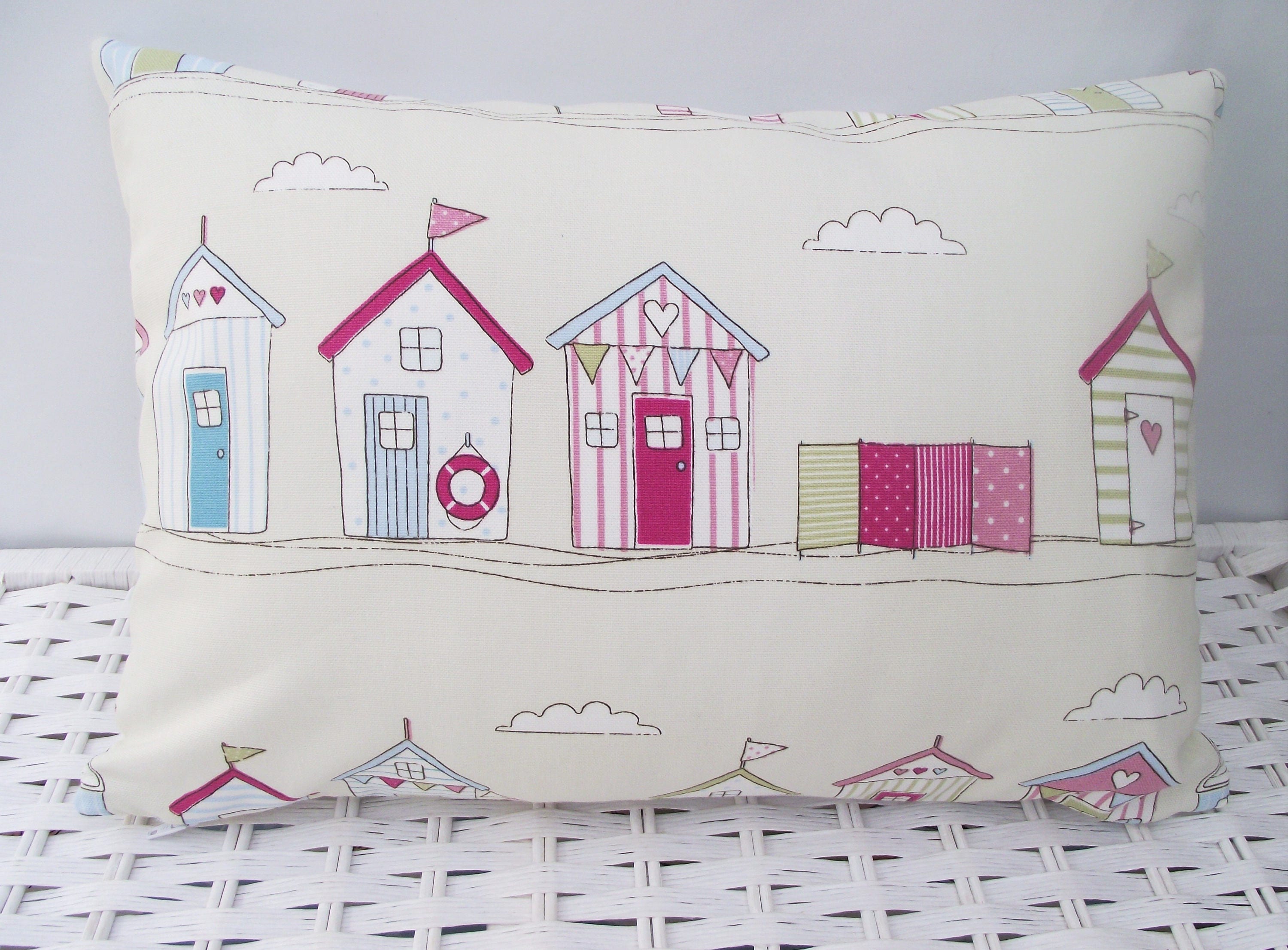 Handmade Beach Hut Cushion: Pink Fryetts Fabric, Holiday Home Pillow
