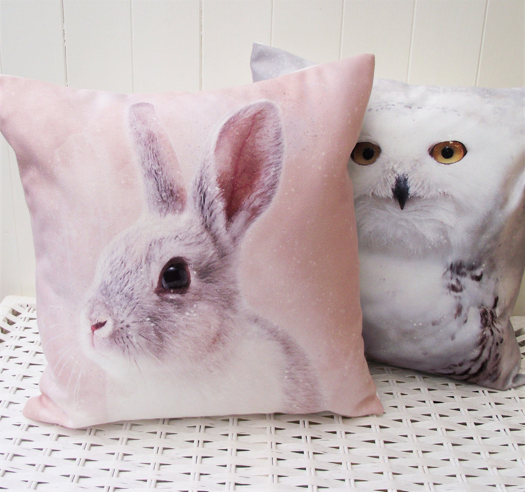 Rabbit Art Print Cushion: Handmade Bunny Pillow, Choice of Cover or Cover with Pad.