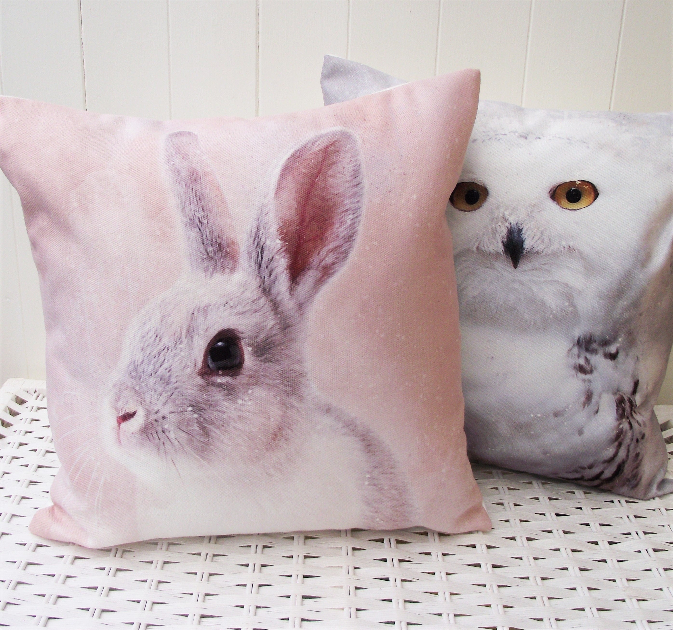 Rabbit Art Print Cushion: Handmade Bunny Pillow, Choice of Cover or Cover with Pad.