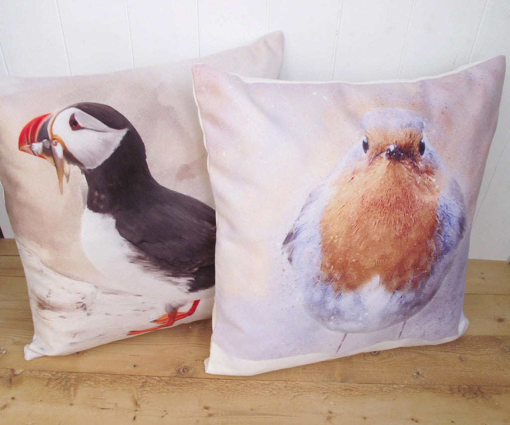 Winter Robin Cushion, Artist Watercolour Print Bird Pillow, Cover Only or Cover + Pad