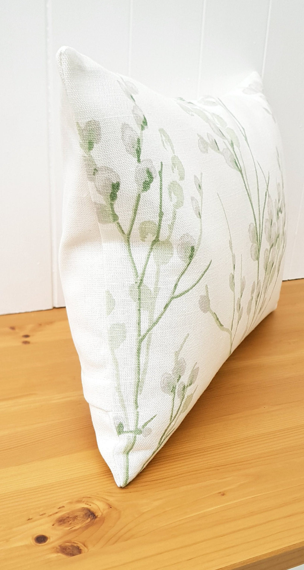 Laura Ashley Green Pussy Willow Cushion, 18" by 12" Floral Hedgerow Pillow, backed in Austen Off White, Handmade with a Zip Fastening