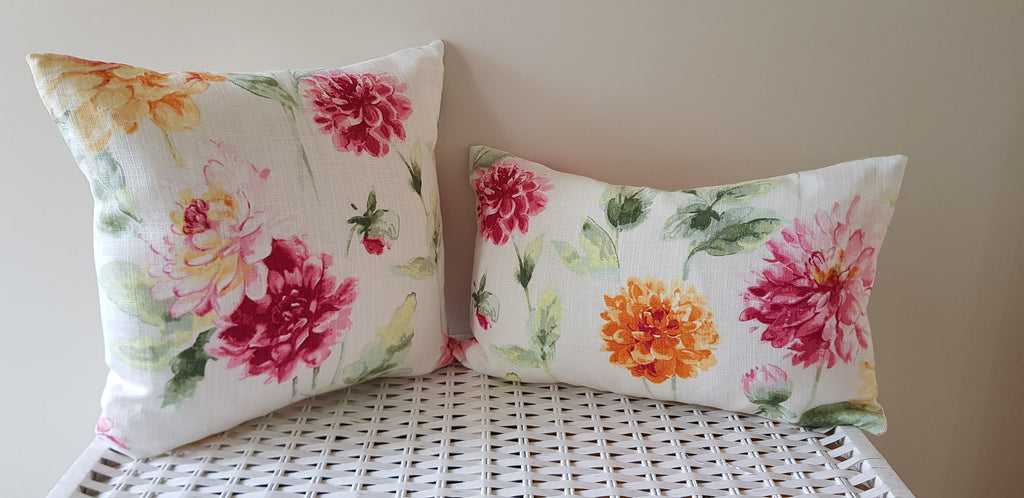 Laura Ashley Orange and Pink Floral Cushion, backed with plain  Laura Ashley Off White, Handmade with a zip fastening 18" by 12"