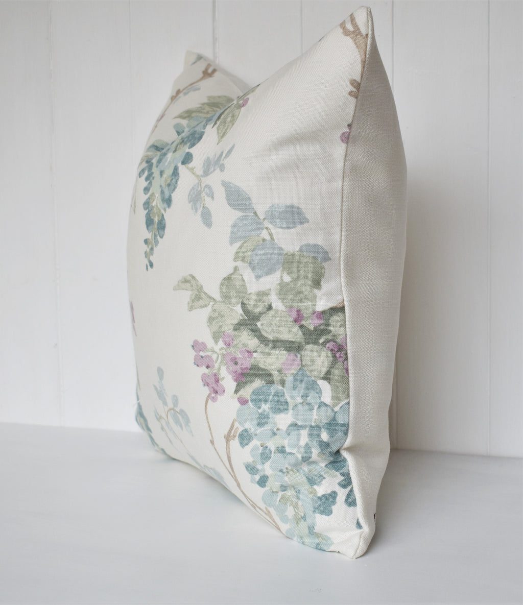 Laura Ashley Duck Egg Wisteria Cushion, backed with Laura Ashley Austen Off White, 16” Handmade with a Zip Fastening