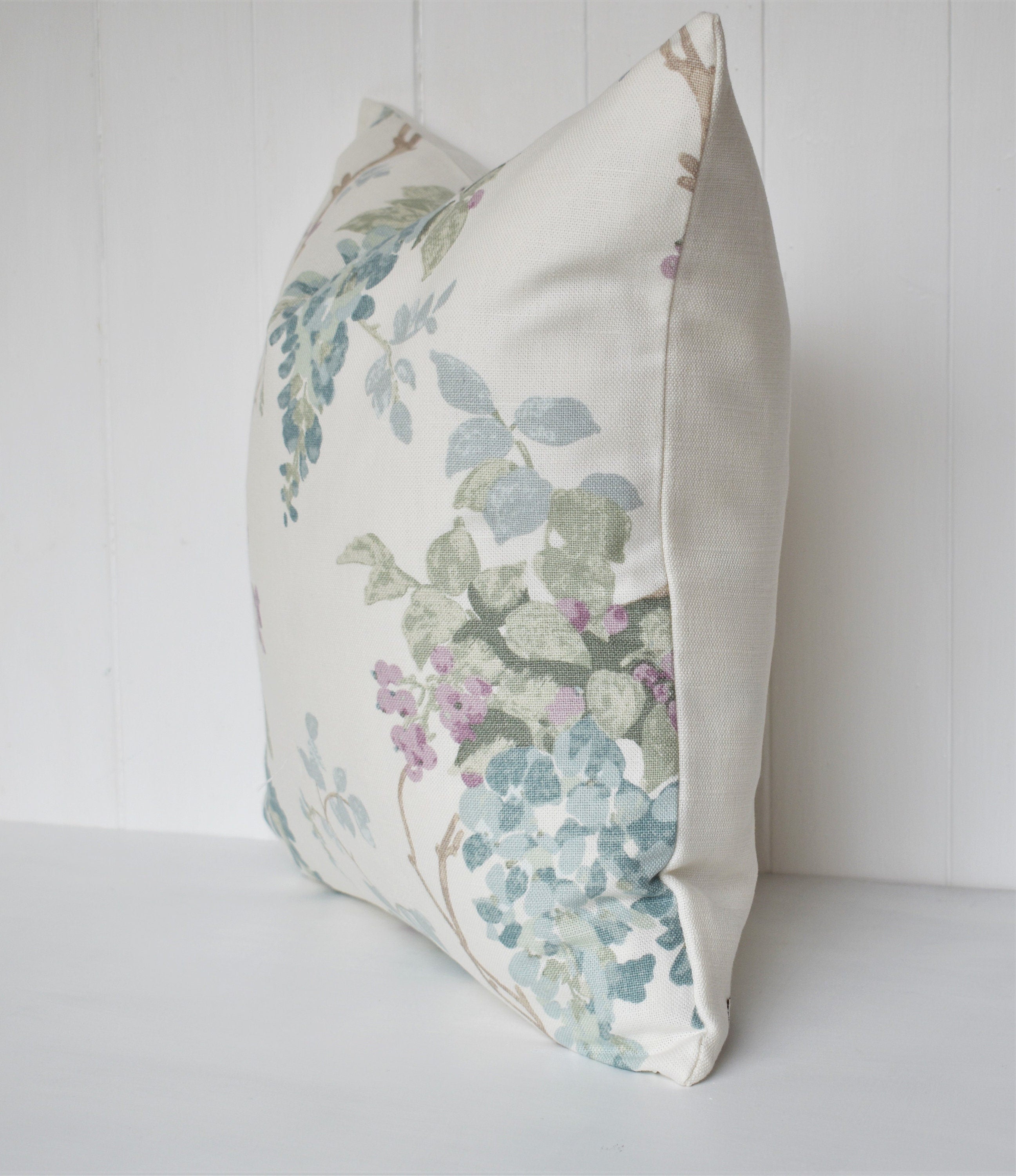 Laura Ashley Duck Egg Wisteria Cushion, backed with Laura Ashley Austen Off White, 16” Handmade with a Zip Fastening