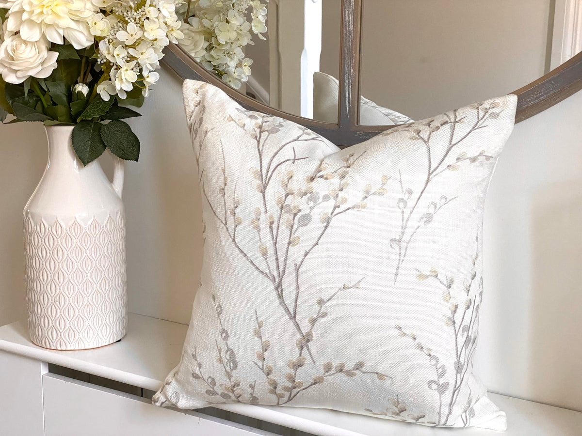 Laura Ashley Pussy Willow Dove Grey Cushion, Off White Dove Grey backed in Laura Ashley Austen Fabric, Handmade with a Zip Fastening, 16"